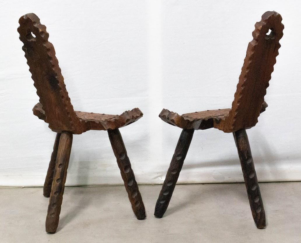 Mid-Century Modern Pair of Spanish Chairs Three Legs Wood and Leather Midcentury