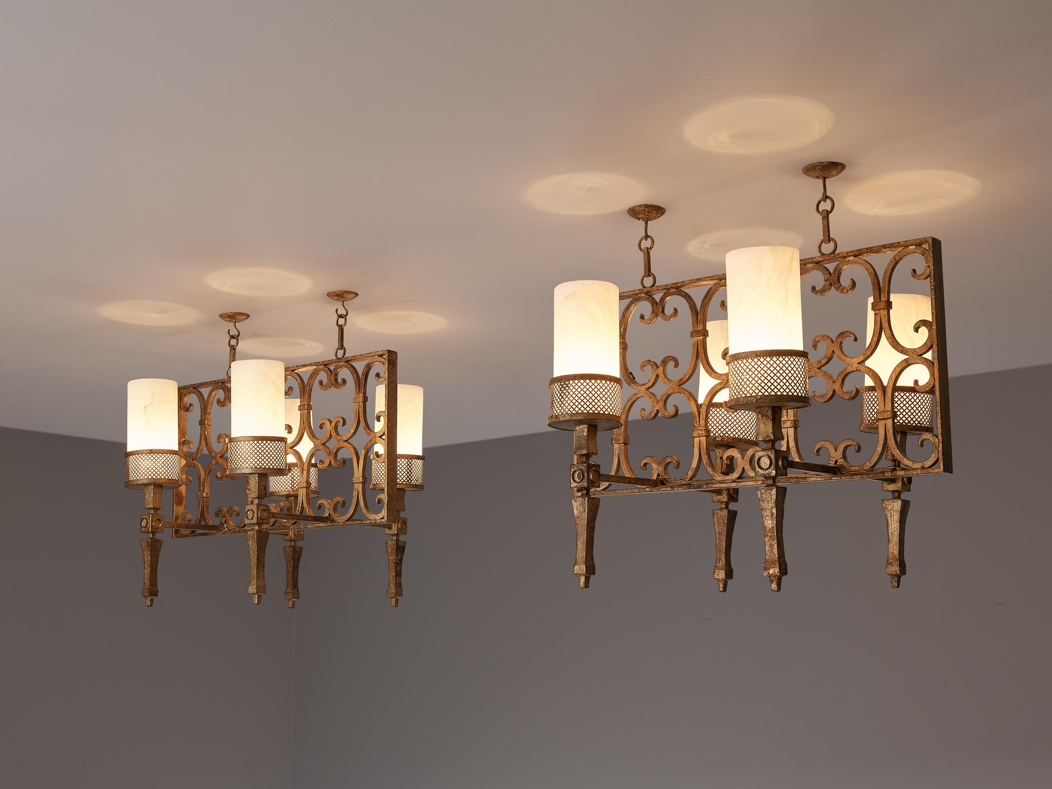 Mid-Century Modern Spanish Chandeliers in Wrought Iron and Glass For Sale