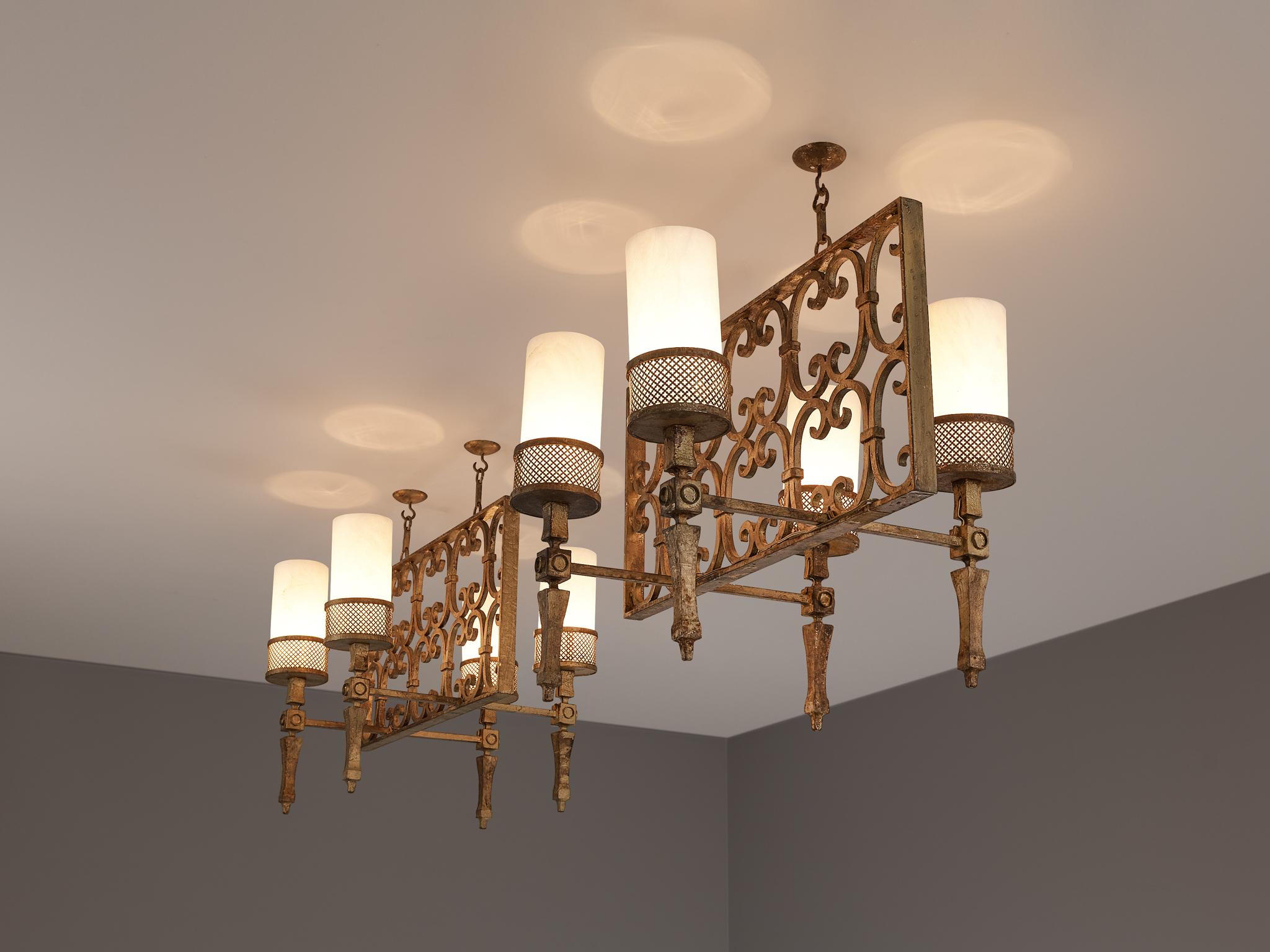 Late 20th Century Spanish Chandeliers in Wrought Iron and Glass For Sale