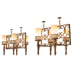 Retro Spanish Chandeliers in Wrought Iron and Glass