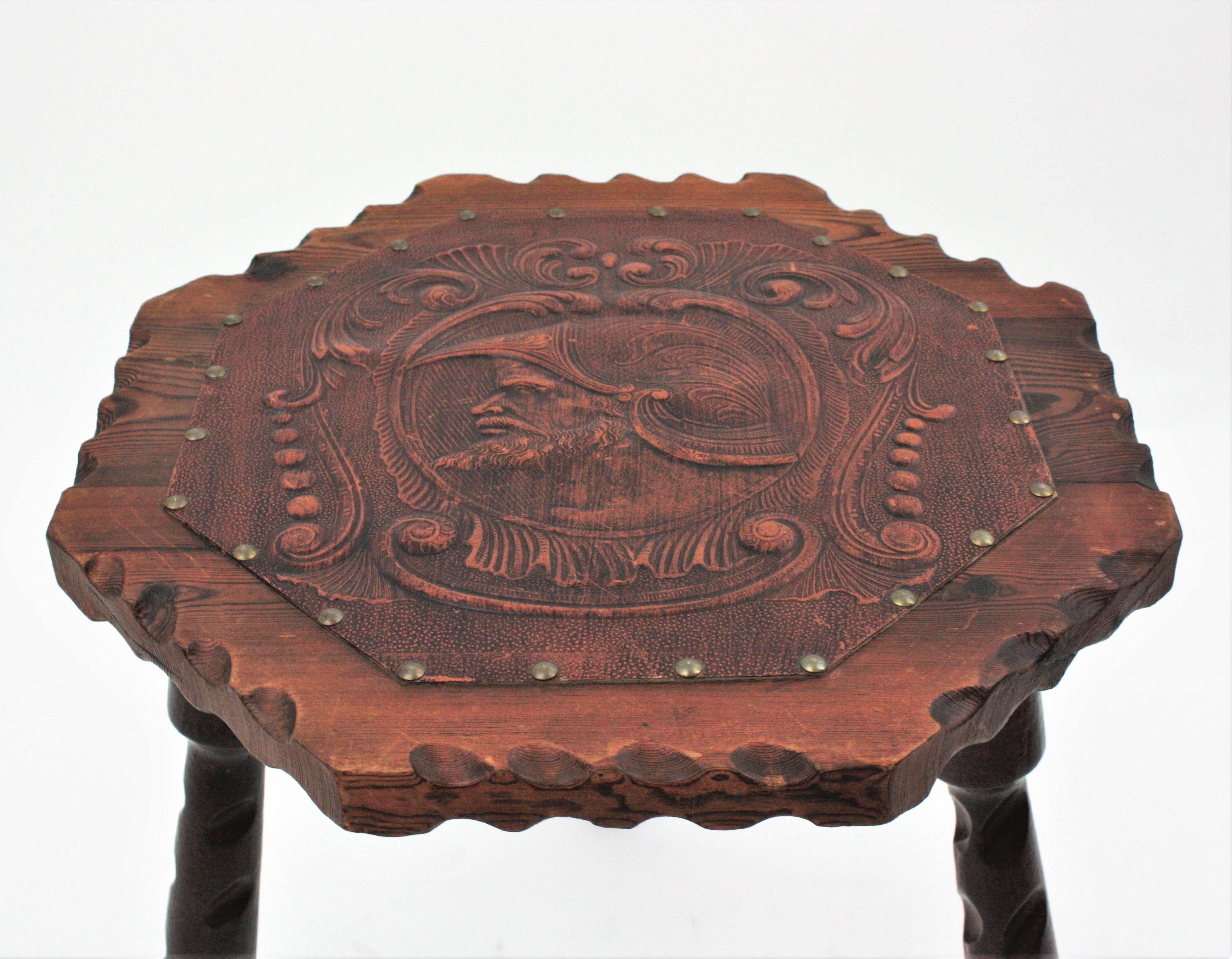 Two Spanish Colonial Hexagonal Tables in Carved Wood & Repousse Leather, 1940s For Sale 5