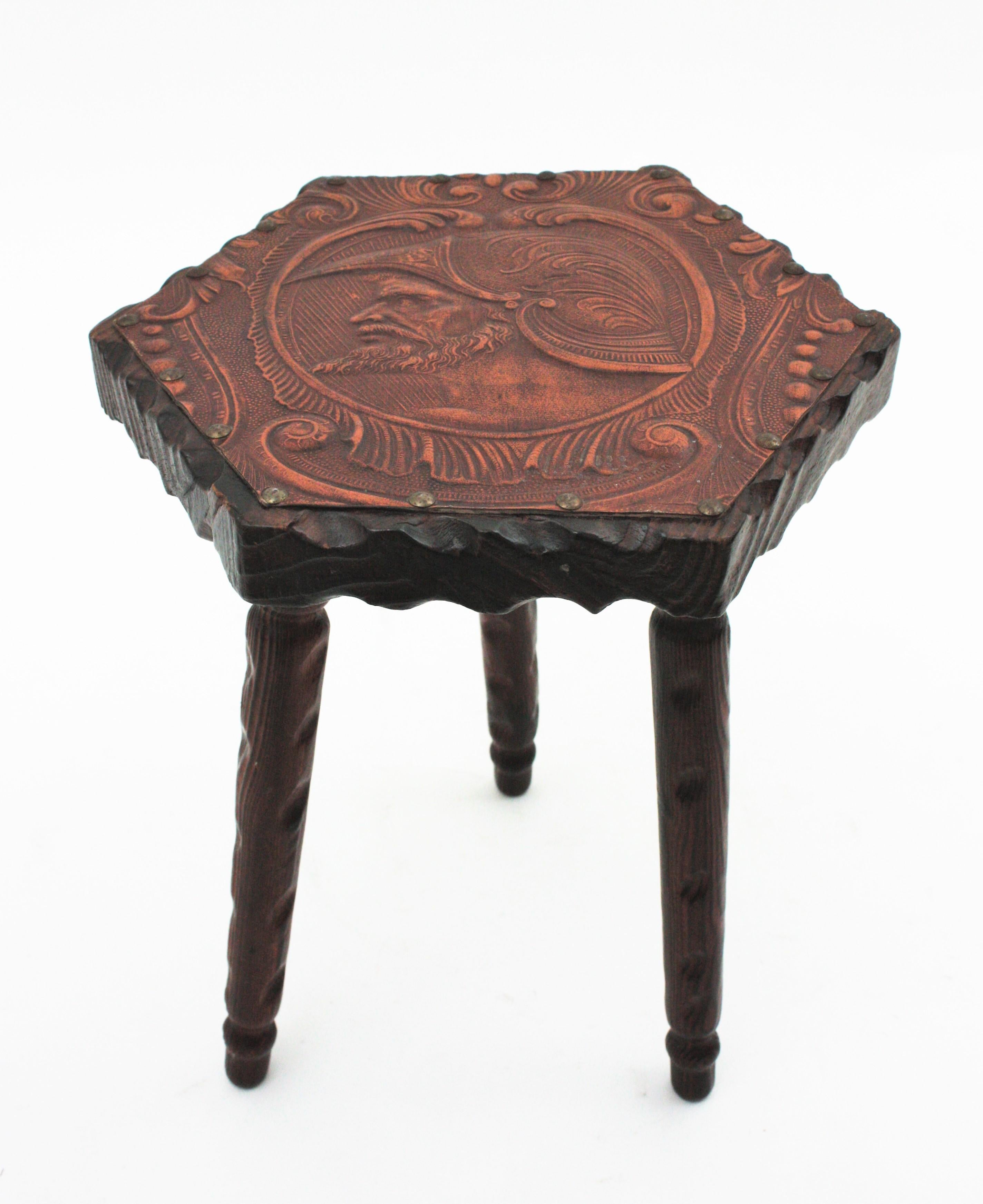 Two Spanish Colonial Hexagonal Tables in Carved Wood & Repousse Leather, 1940s For Sale 9