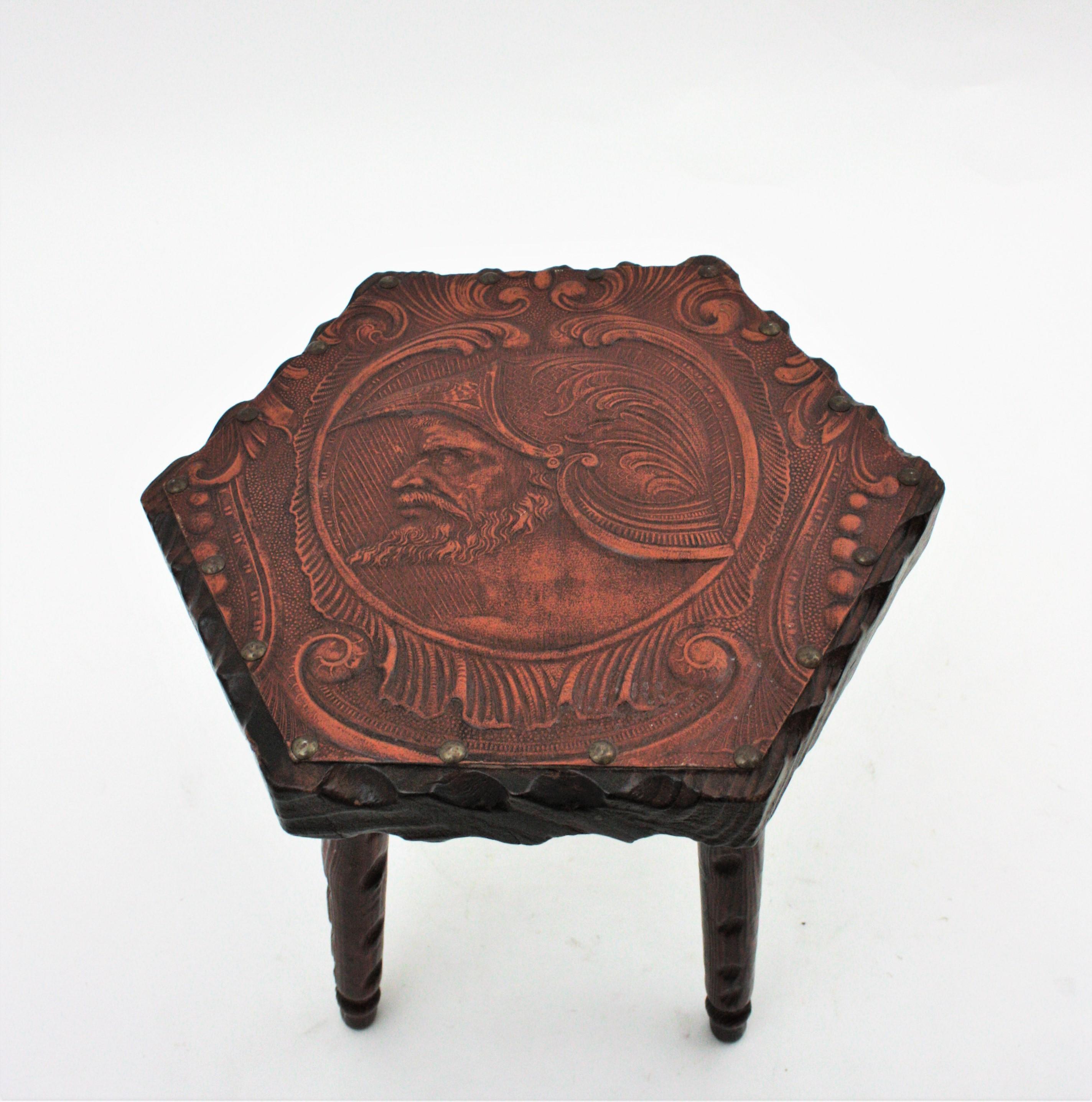 Two Spanish Colonial Hexagonal Tables in Carved Wood & Repousse Leather, 1940s For Sale 10