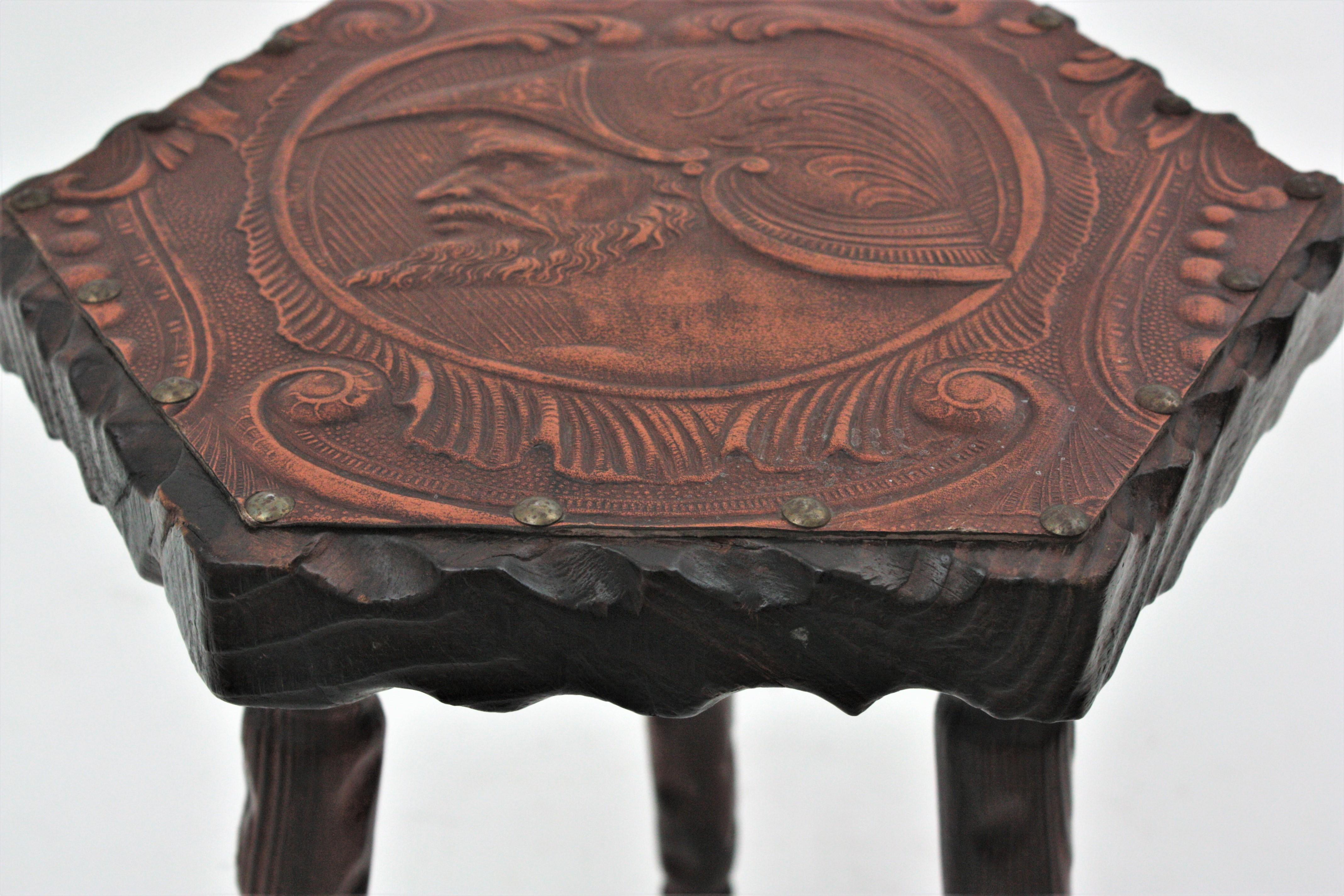 Two Spanish Colonial Hexagonal Tables in Carved Wood & Repousse Leather, 1940s For Sale 11