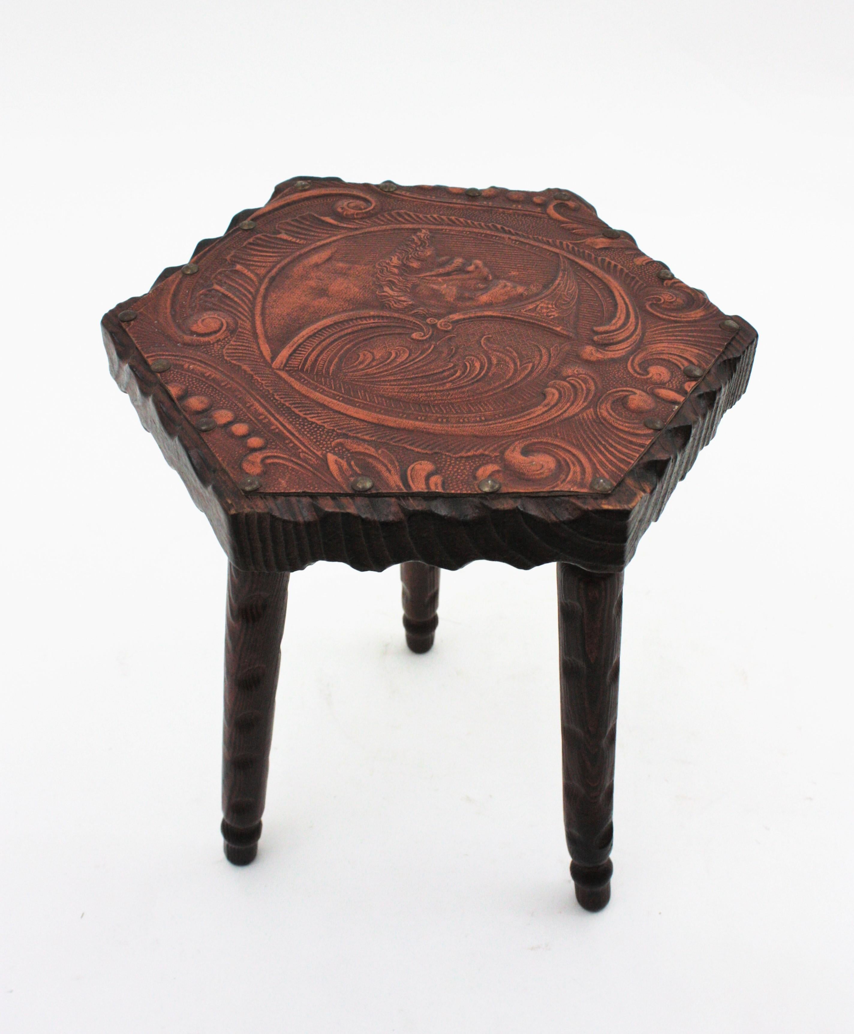 Two Spanish Colonial Hexagonal Tables in Carved Wood & Repousse Leather, 1940s For Sale 12