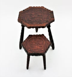 Two Spanish Colonial Hexagonal Tables in Carved Wood & Repousse Leather, 1940s