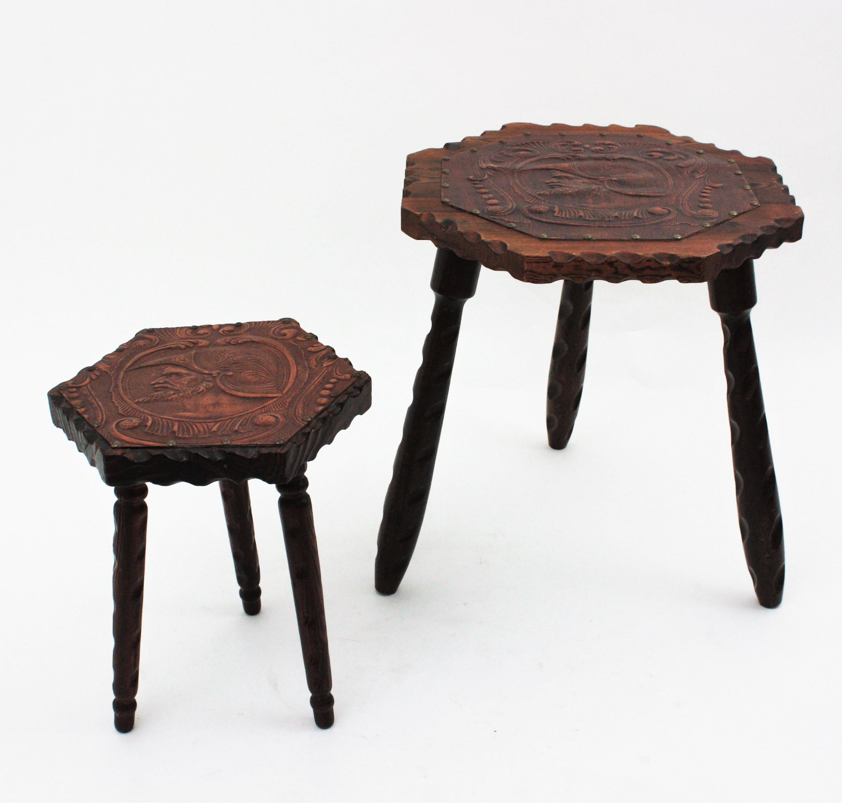 Hand-Carved Two Spanish Colonial Hexagonal Tables in Carved Wood & Repousse Leather, 1940s For Sale