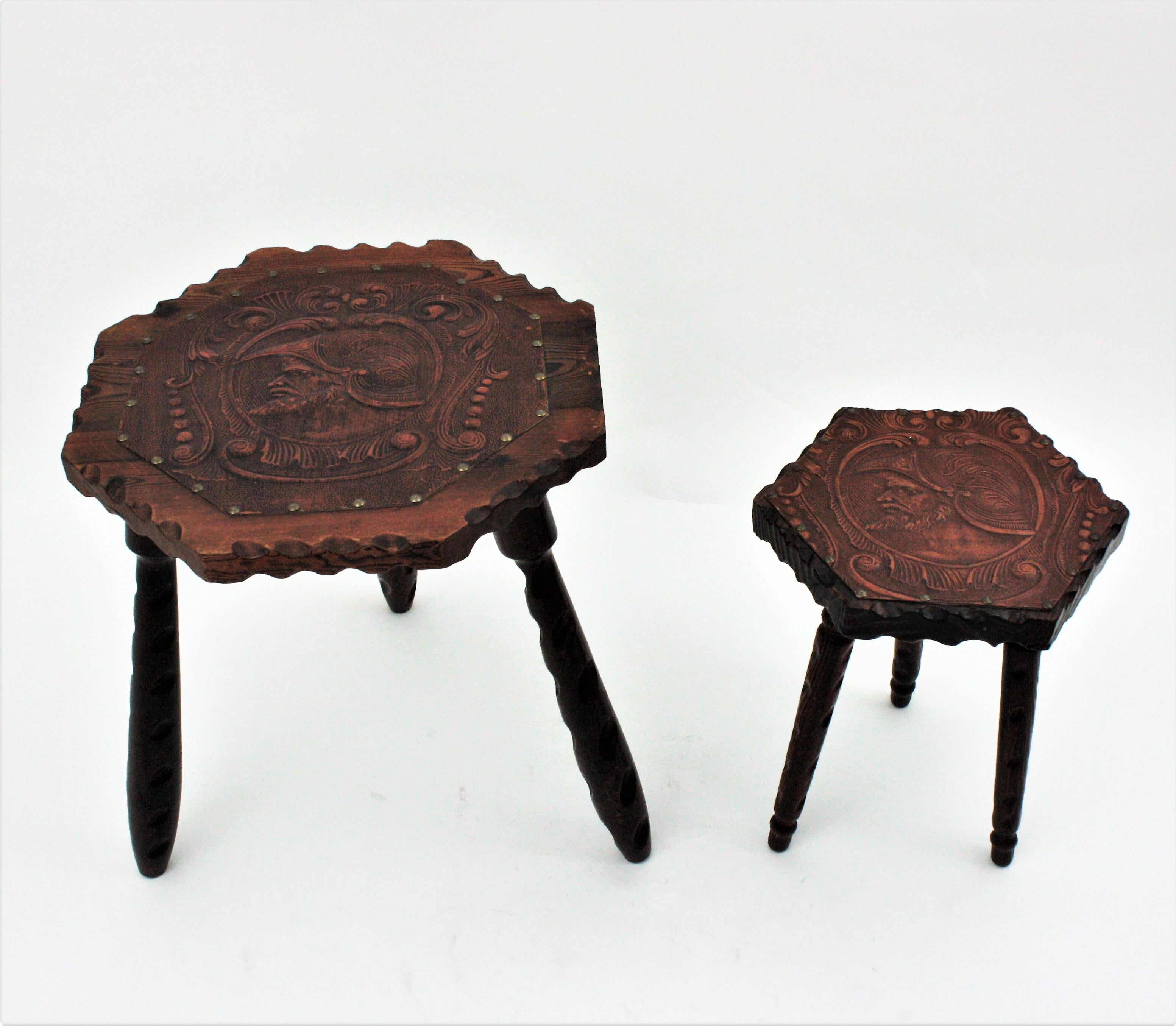 20th Century Two Spanish Colonial Hexagonal Tables in Carved Wood & Repousse Leather, 1940s For Sale