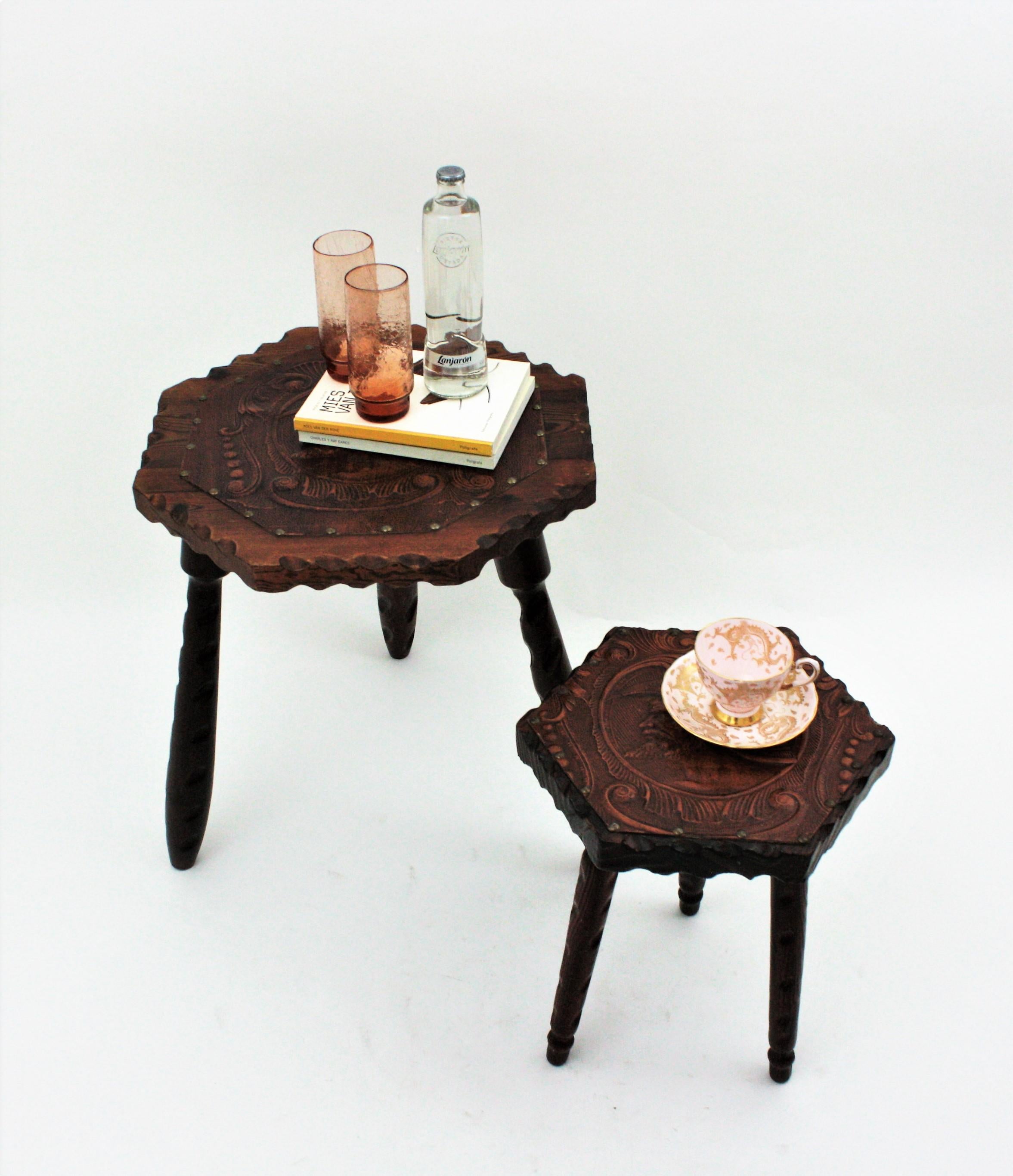 Two Spanish Colonial Hexagonal Tables in Carved Wood & Repousse Leather, 1940s For Sale 1