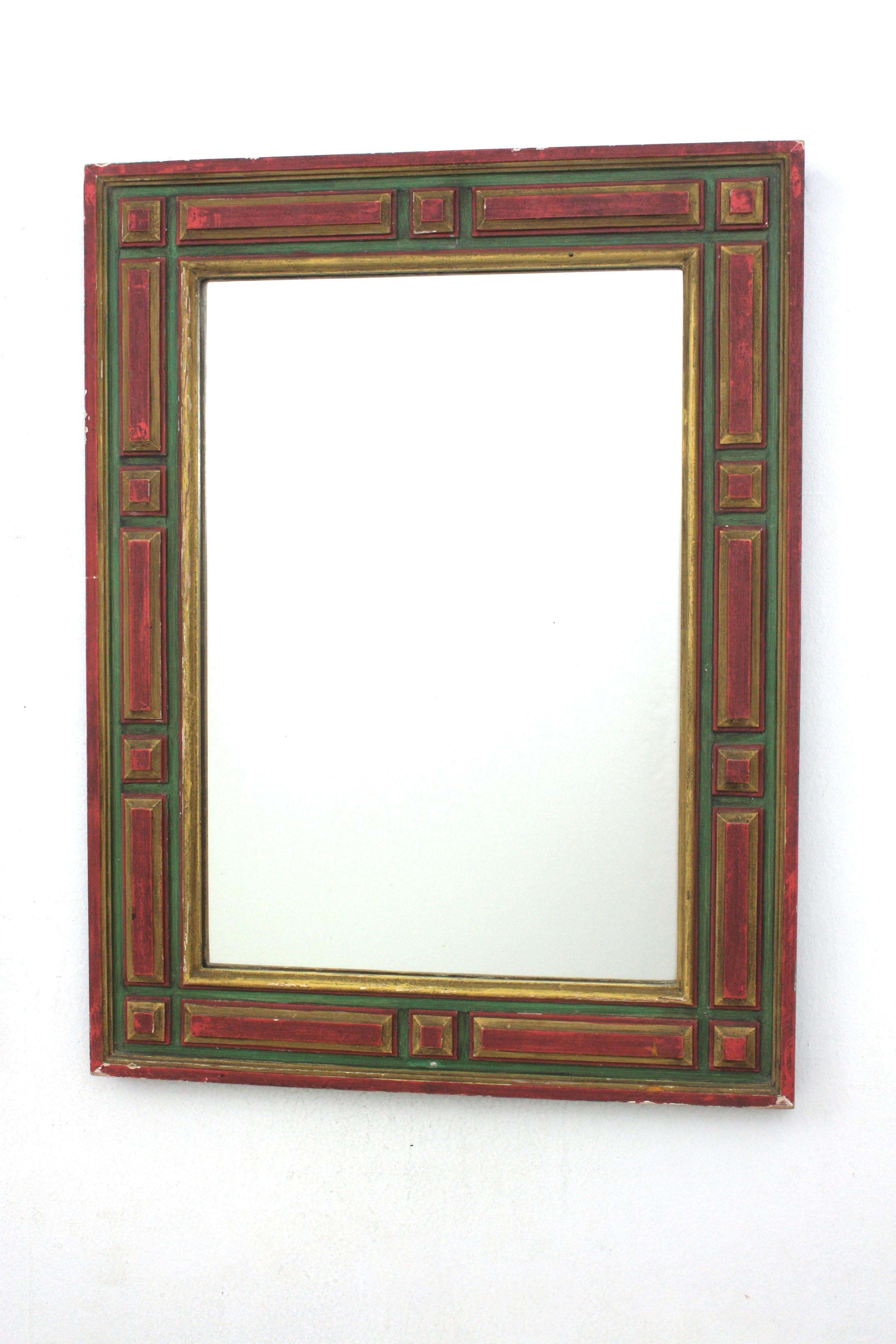Paar rechteckige spanische Kolonialspiegel mit vergoldeten polychromen Rahmen, 1940er Jahre im Angebot 5