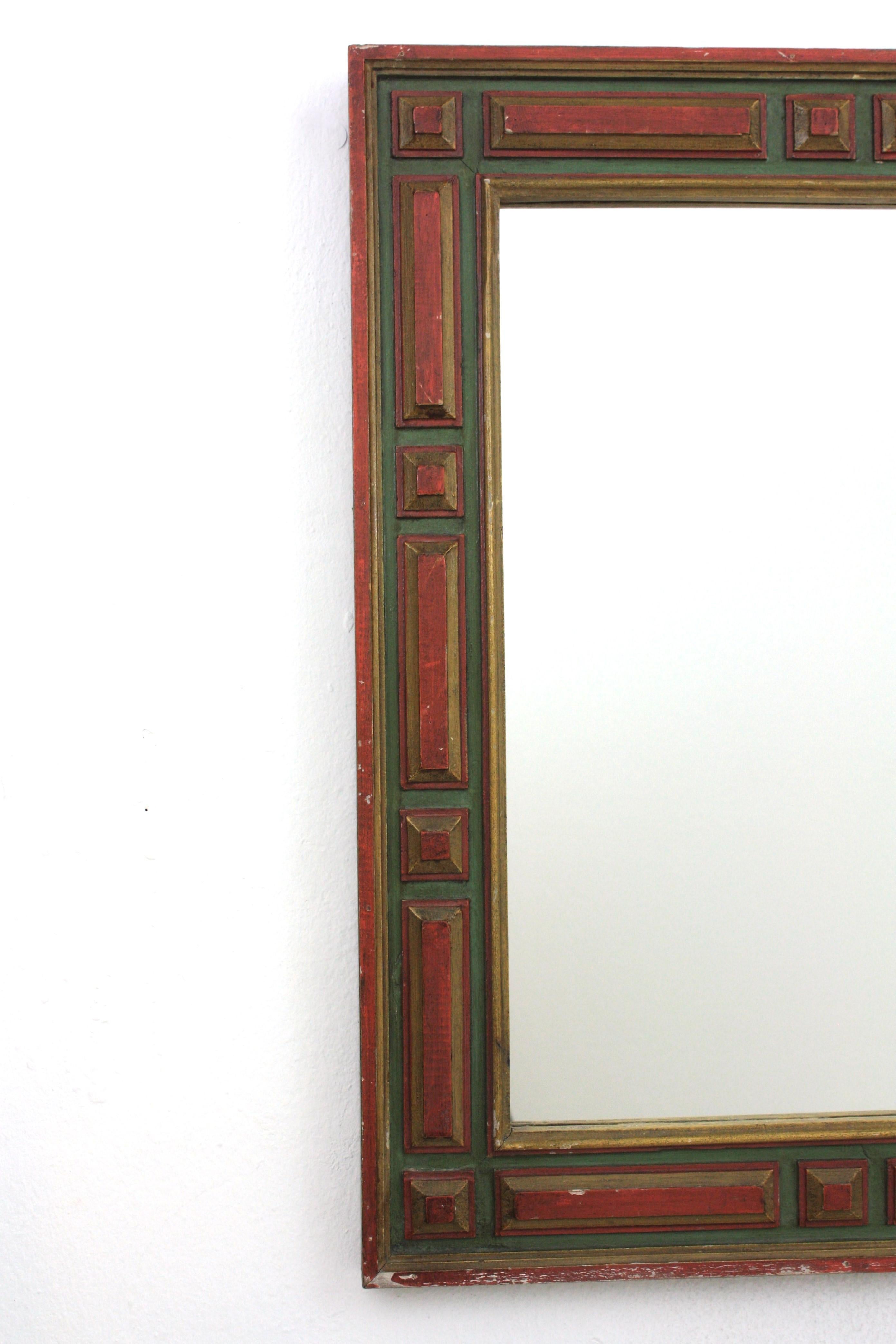 Paar rechteckige spanische Kolonialspiegel mit vergoldeten polychromen Rahmen, 1940er Jahre im Zustand „Gut“ im Angebot in Barcelona, ES