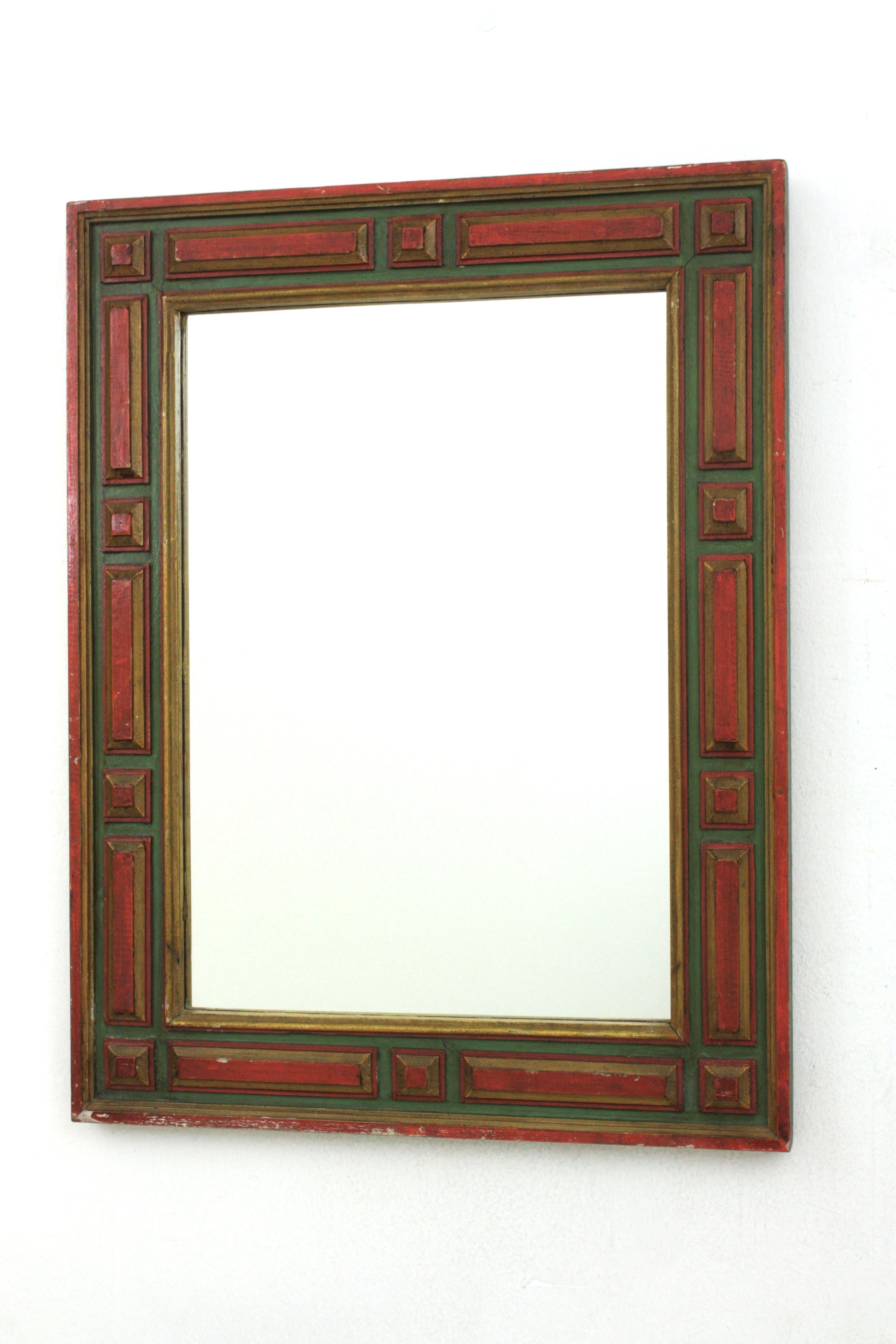 Paar rechteckige spanische Kolonialspiegel mit vergoldeten polychromen Rahmen, 1940er Jahre im Angebot 1