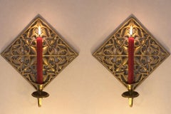 Pair of Spanish Colonial Revival Brass Wall Sconces with Pierced Diamond Plaques