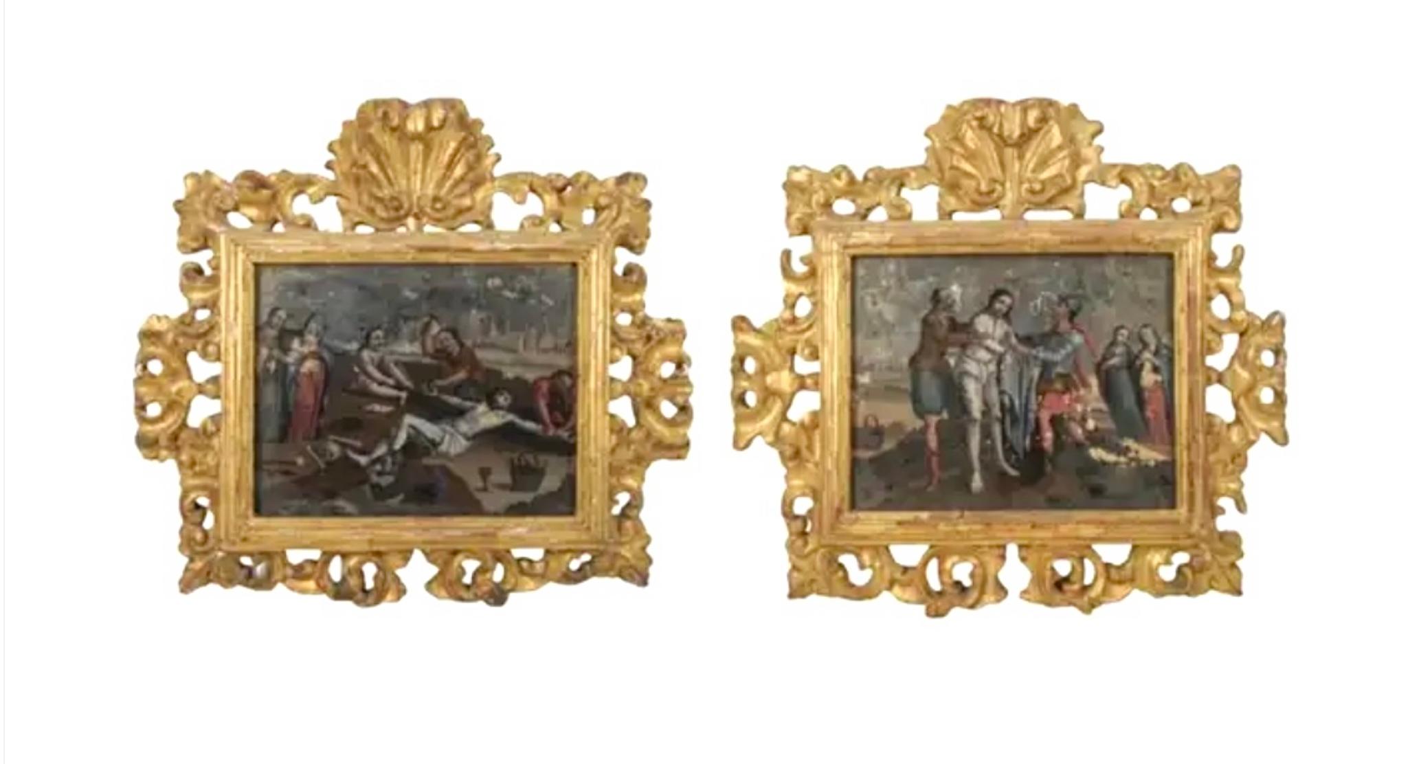 Zwei gerahmte Gemälde der spanischen Kolonialschule mit umgekehrtem Glas im Angebot 10