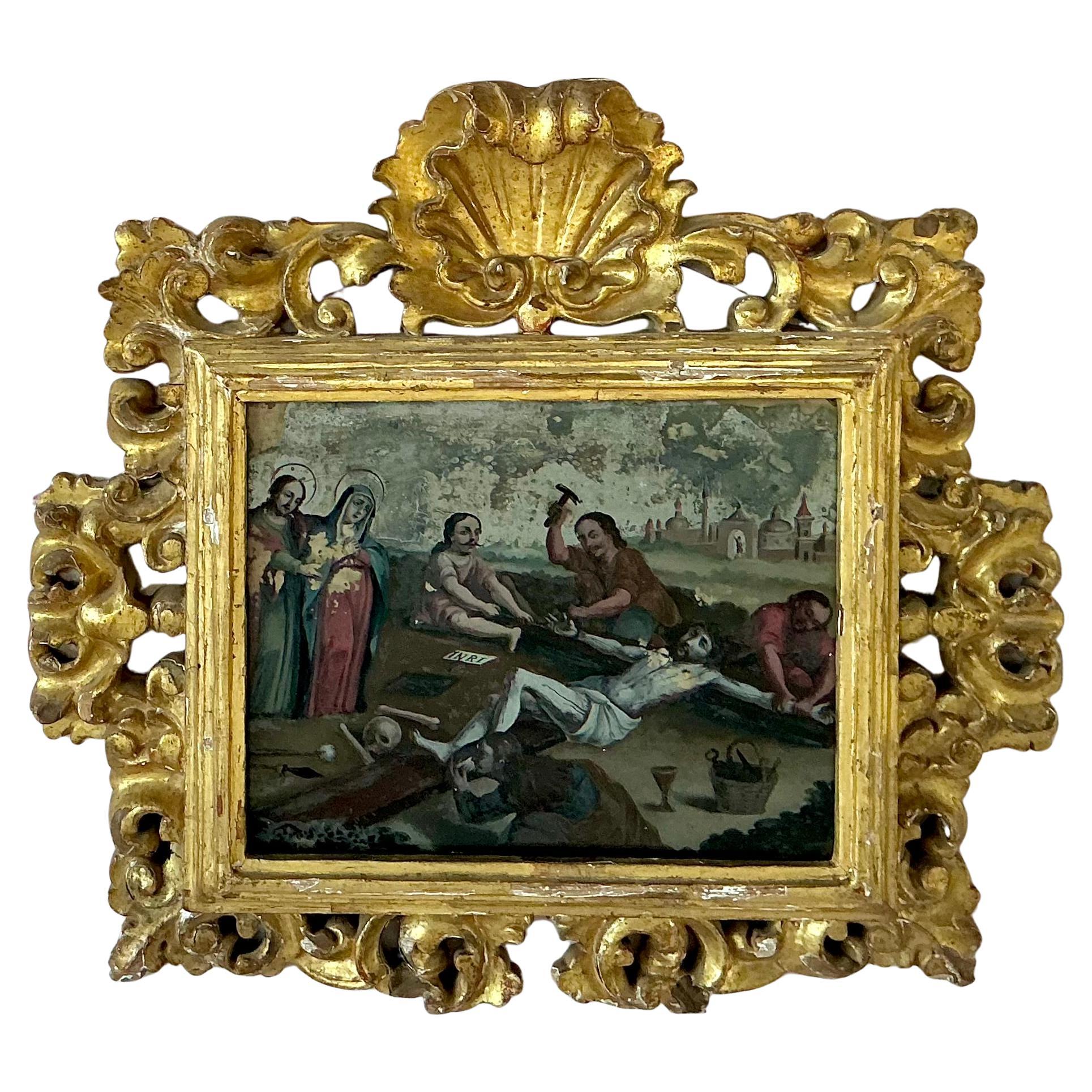 Zwei gerahmte Gemälde der spanischen Kolonialschule mit umgekehrtem Glas (Neobarock) im Angebot