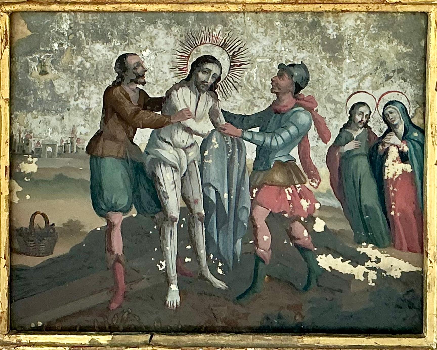 Zwei gerahmte Gemälde der spanischen Kolonialschule mit umgekehrtem Glas (Peruanisch) im Angebot