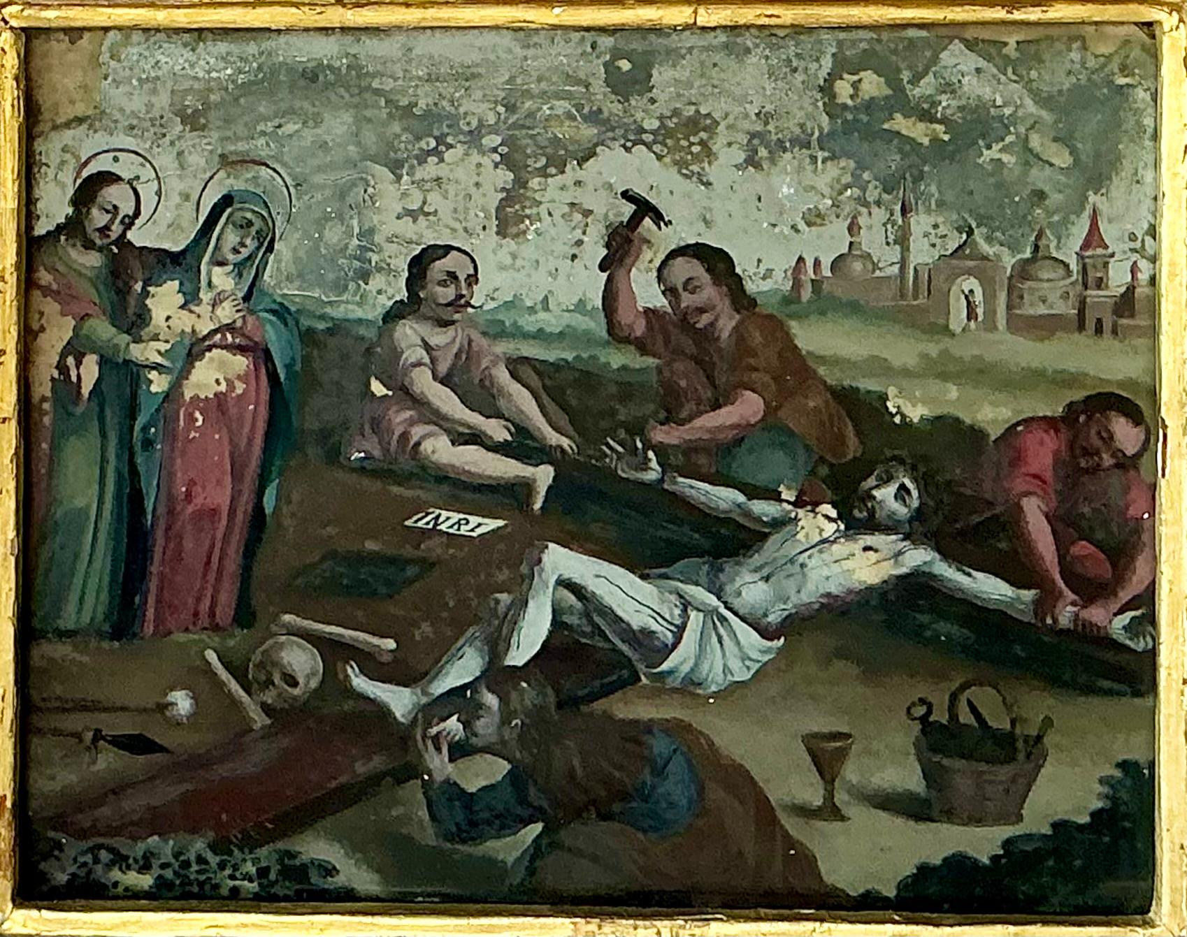 Zwei gerahmte Gemälde der spanischen Kolonialschule mit umgekehrtem Glas im Zustand „Gut“ im Angebot in Bradenton, FL