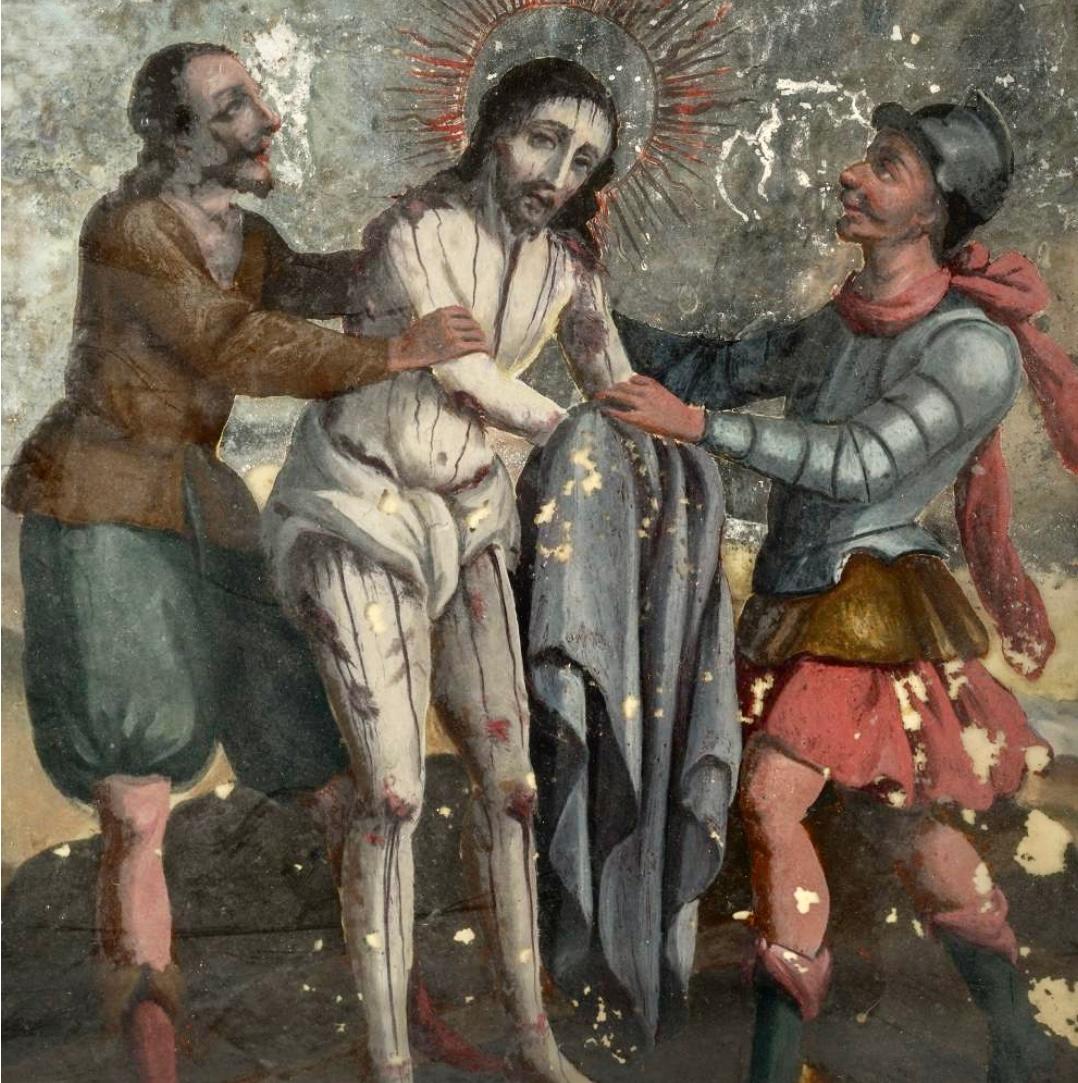 Zwei gerahmte Gemälde der spanischen Kolonialschule mit umgekehrtem Glas (18. Jahrhundert) im Angebot