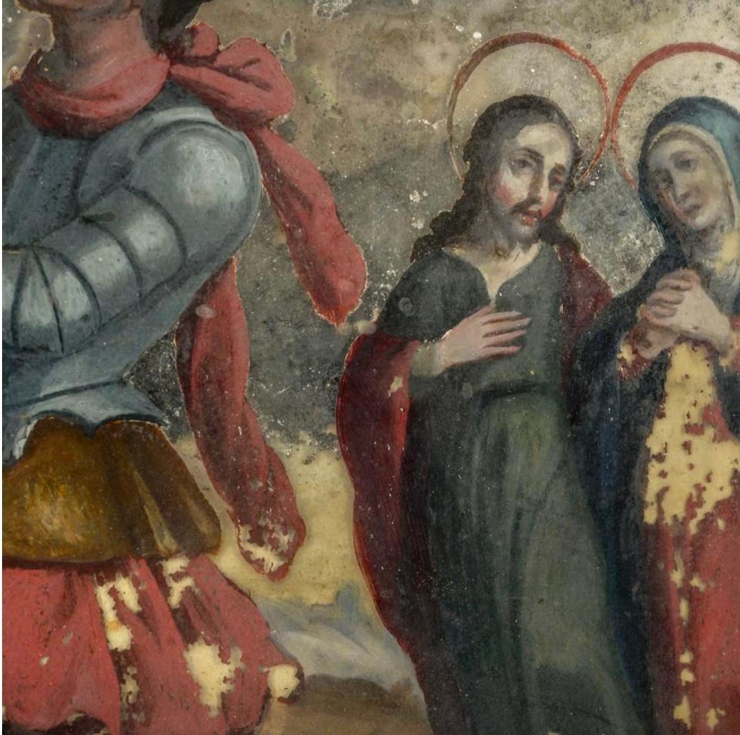 Zwei gerahmte Gemälde der spanischen Kolonialschule mit umgekehrtem Glas im Angebot 1