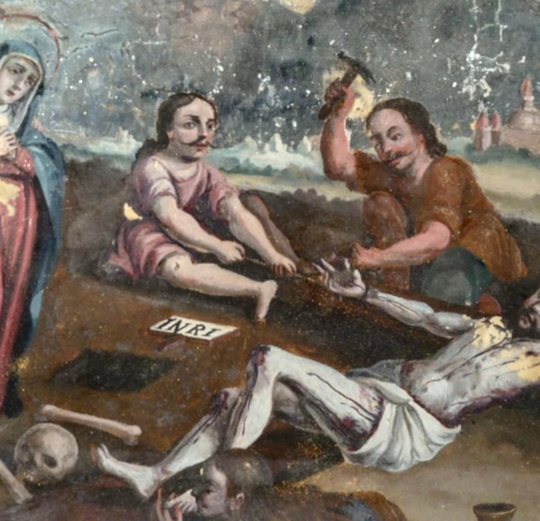 Zwei gerahmte Gemälde der spanischen Kolonialschule mit umgekehrtem Glas im Angebot 2