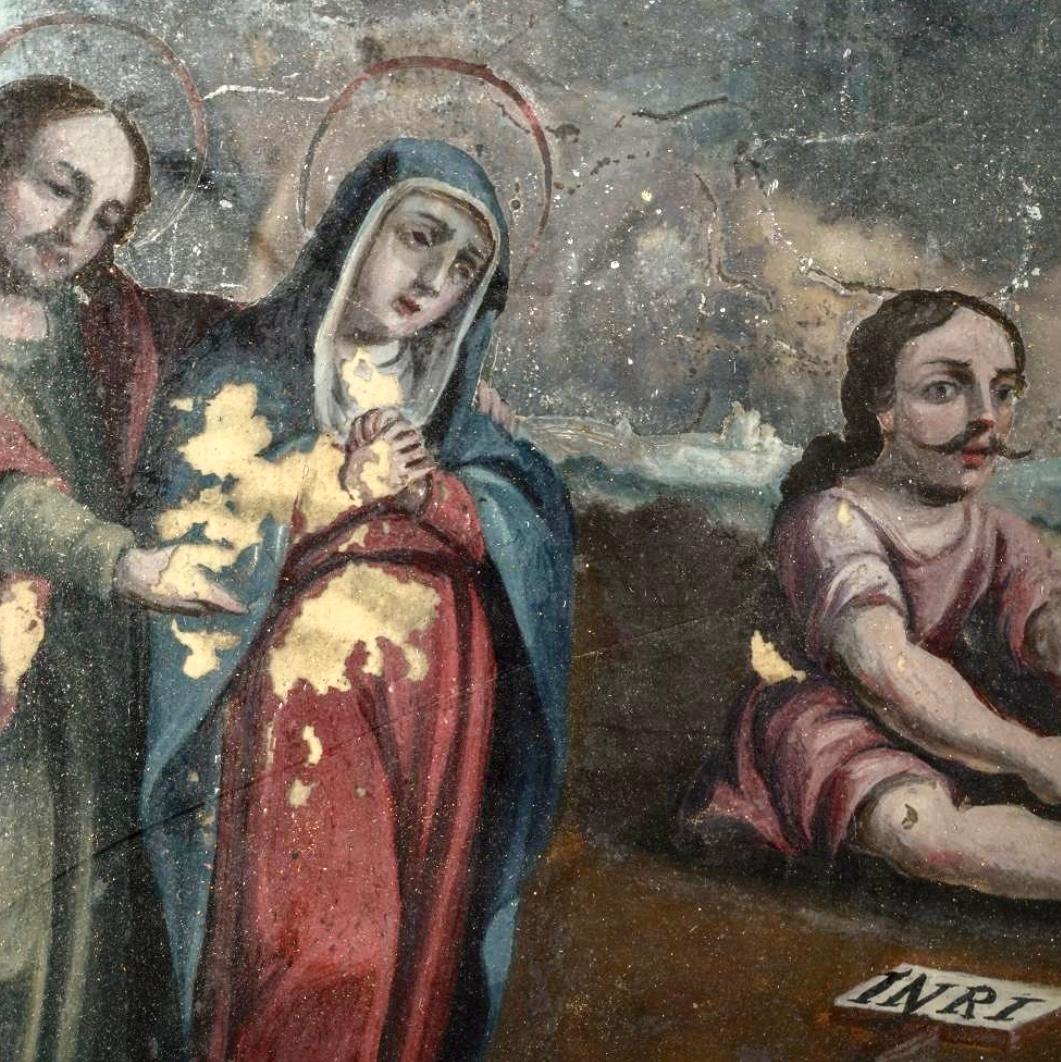 Zwei gerahmte Gemälde der spanischen Kolonialschule mit umgekehrtem Glas im Angebot 3