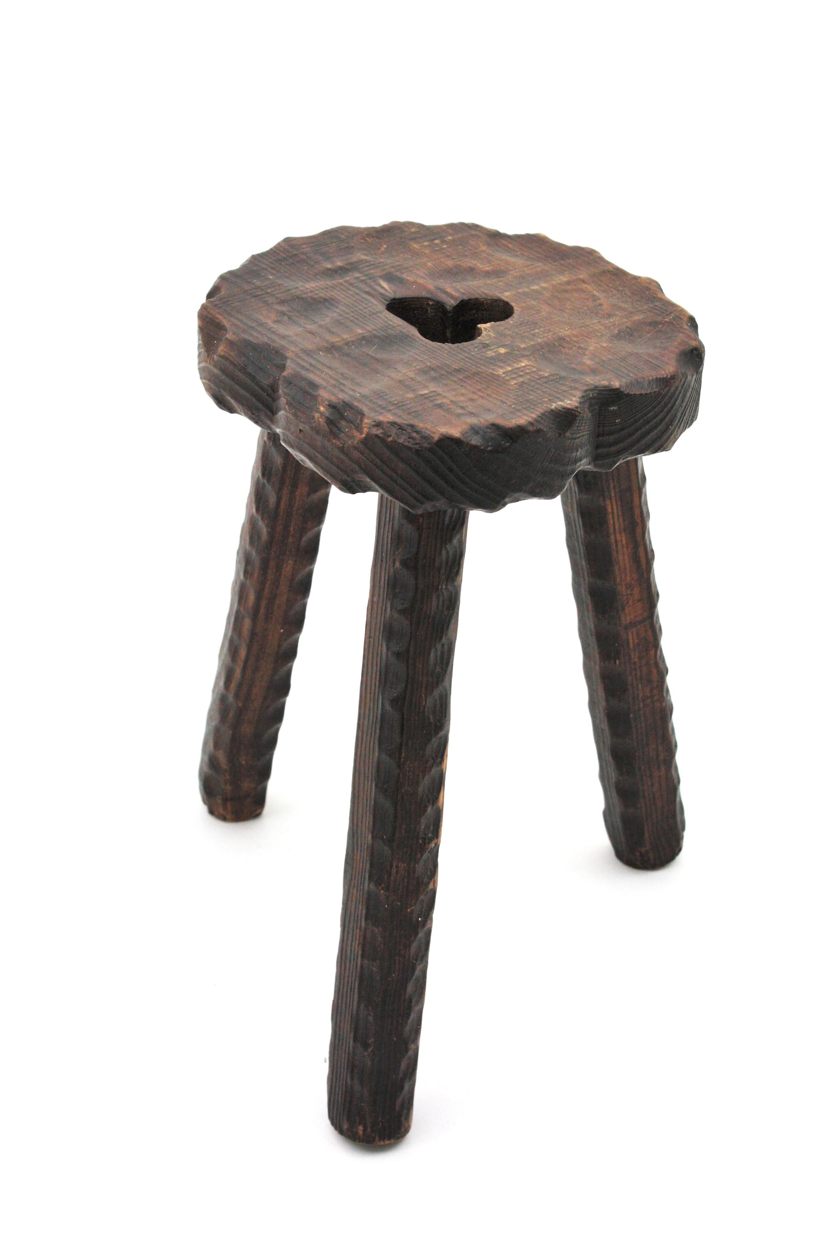 Pair of Spanish Colonial Stools / Side Tables in Carved Wood, 1940s For Sale 5