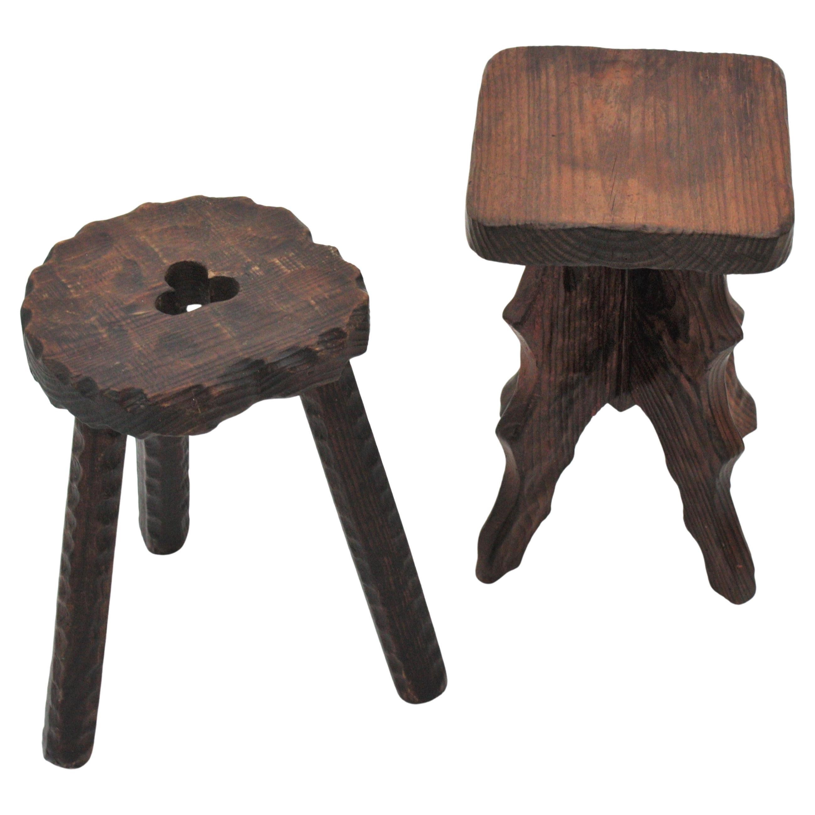 Pair of Spanish Colonial Stools / Side Tables in Carved Wood, 1940s
