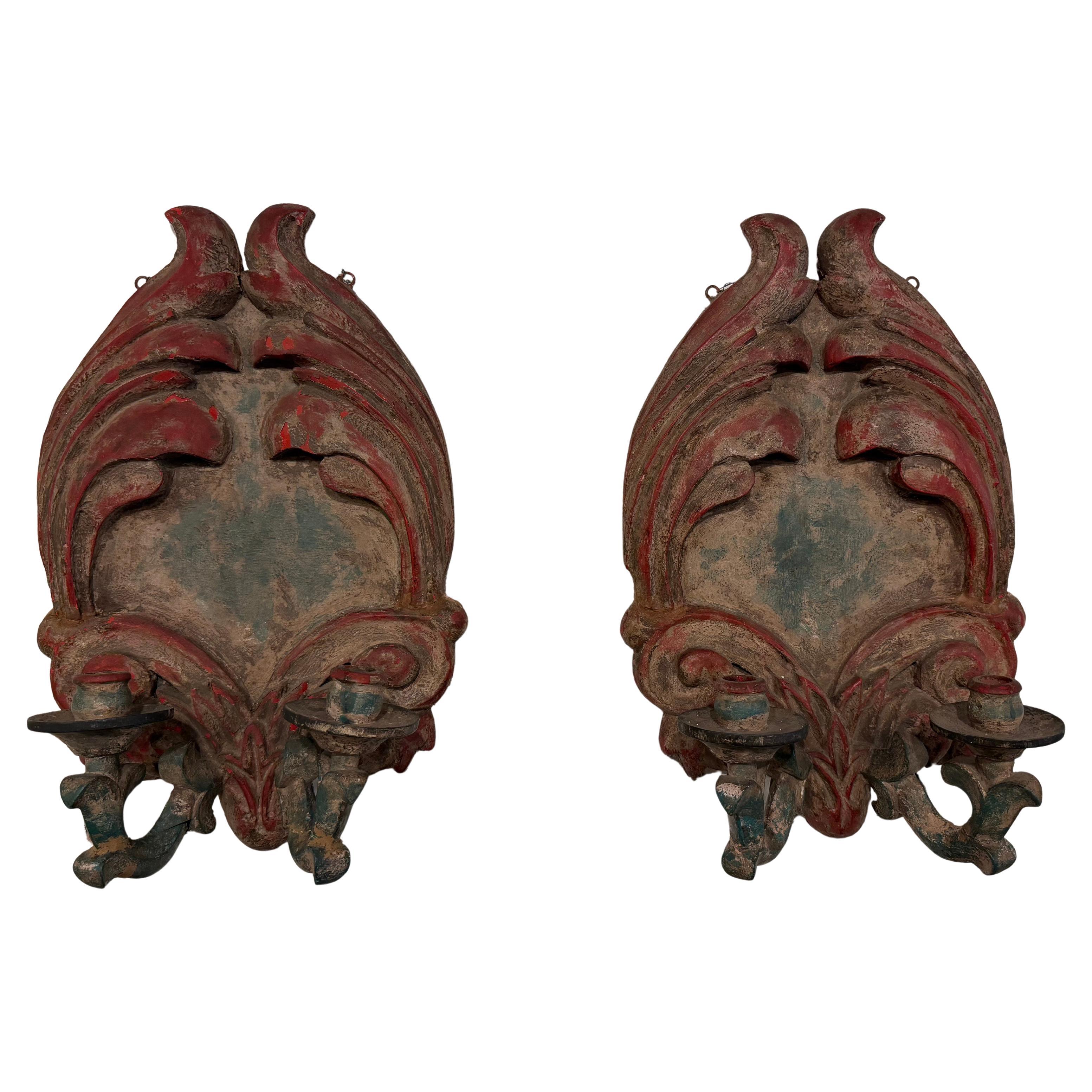 Pair of Spanish Colonial Style Hand Carved Wooden Wall Candle Sconces