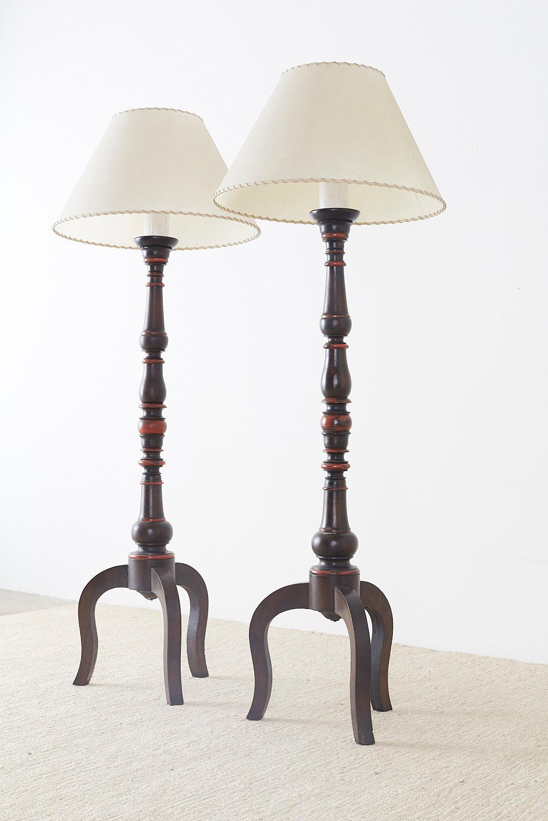 Pair of Spanish Colonial Style Wooden Candlestick Floor Lamps 4