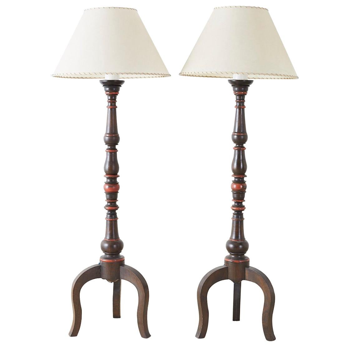 Pair of Spanish Colonial Style Wooden Candlestick Floor Lamps