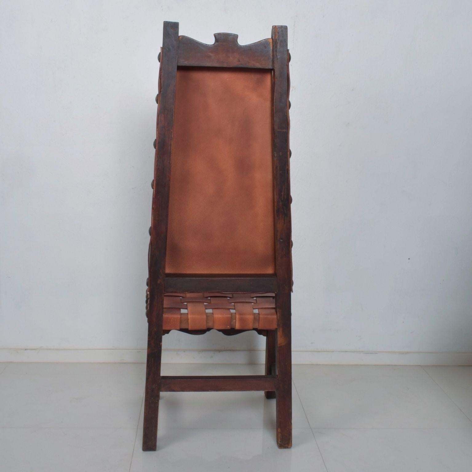 SPANISH Colonial TALL Wood Chairs Woven Saddle Leather style Luis BARRAGAN In Good Condition In Chula Vista, CA