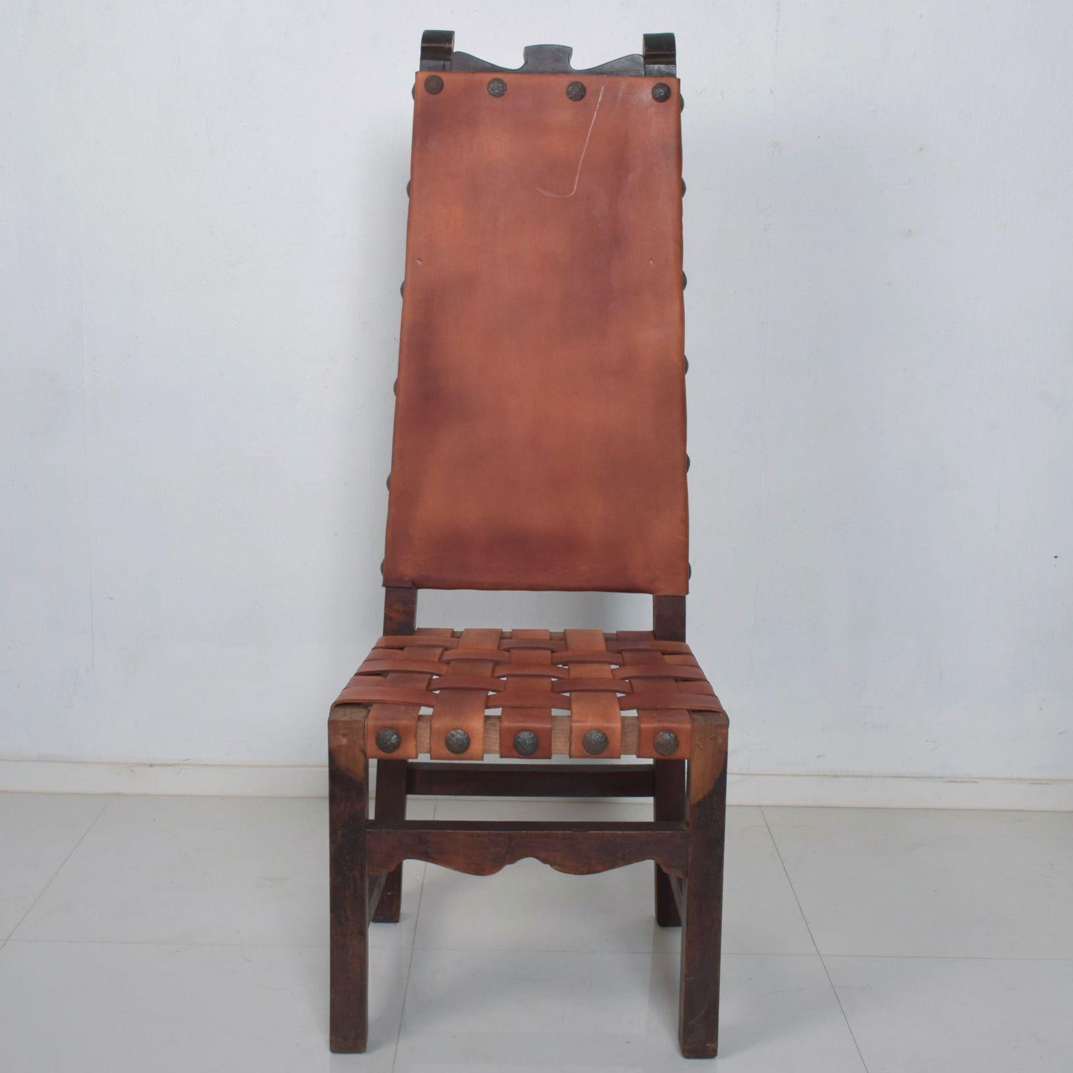 Mid-20th Century SPANISH Colonial TALL Wood Chairs Woven Saddle Leather style Luis BARRAGAN