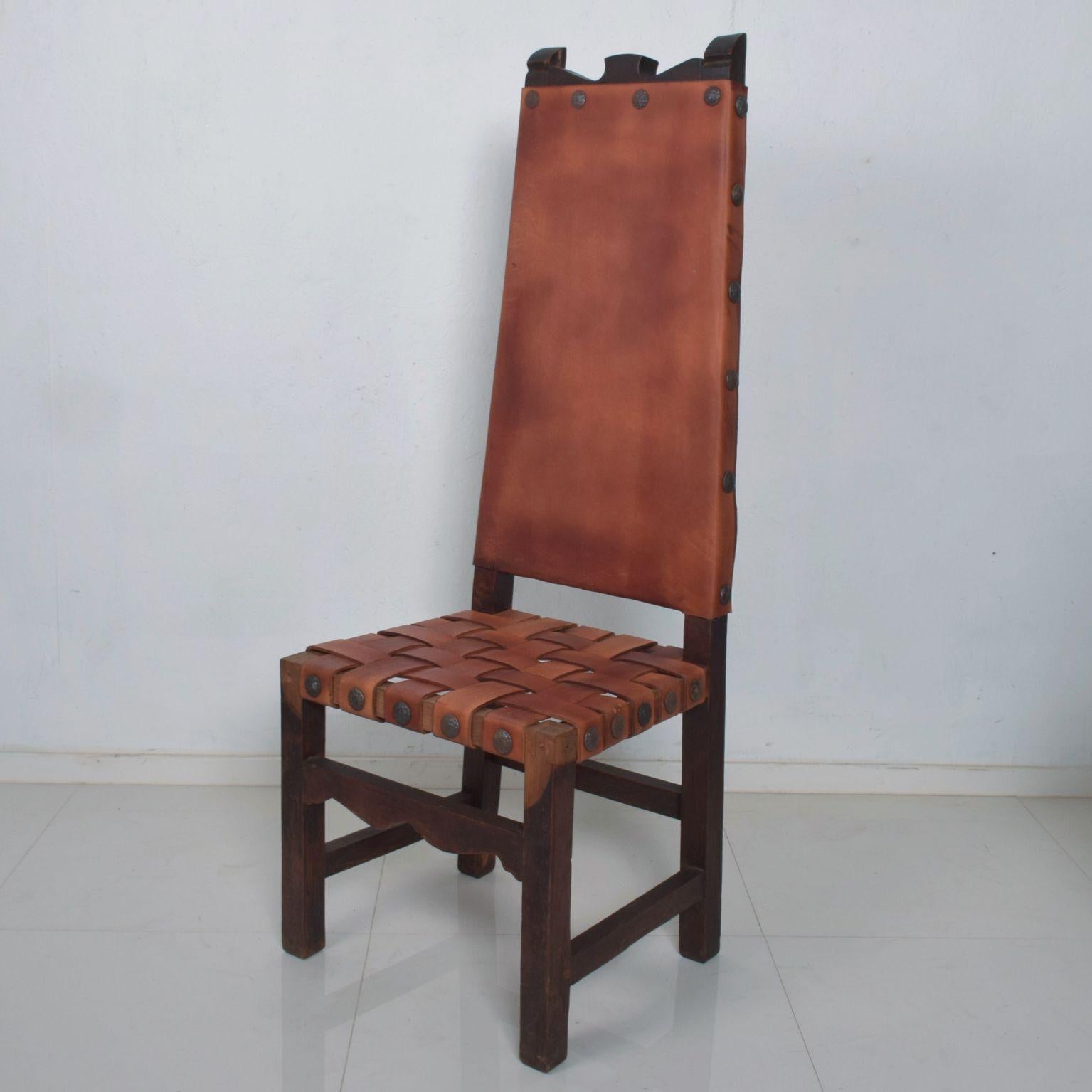 SPANISH Colonial TALL Wood Chairs Woven Saddle Leather style Luis BARRAGAN 1