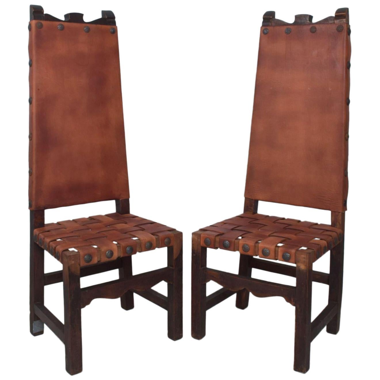 SPANISH Colonial TALL Wood Chairs Woven Saddle Leather style Luis BARRAGAN