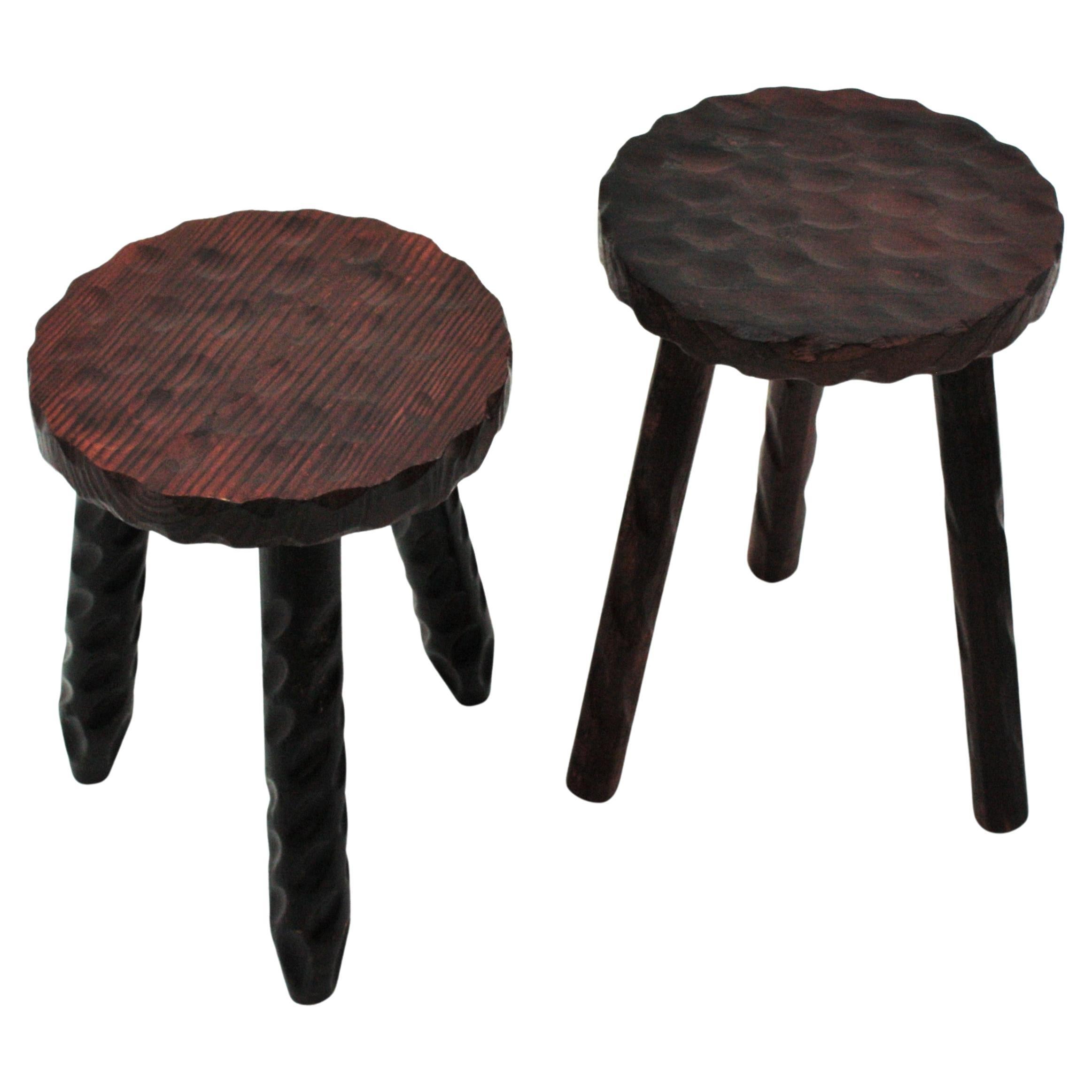 Pair of Spanish Colonial Tripod Stools in Carved Wood, 1940s For Sale