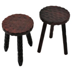 Pair of Spanish Colonial Tripod Stools in Carved Wood 
