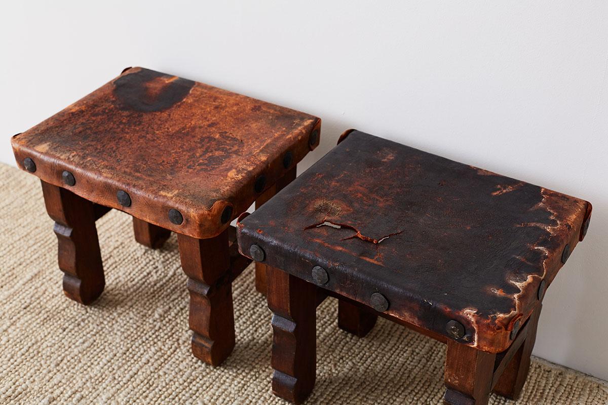 Pair of Spanish Colonial Walnut Stools with Leather Seats 9