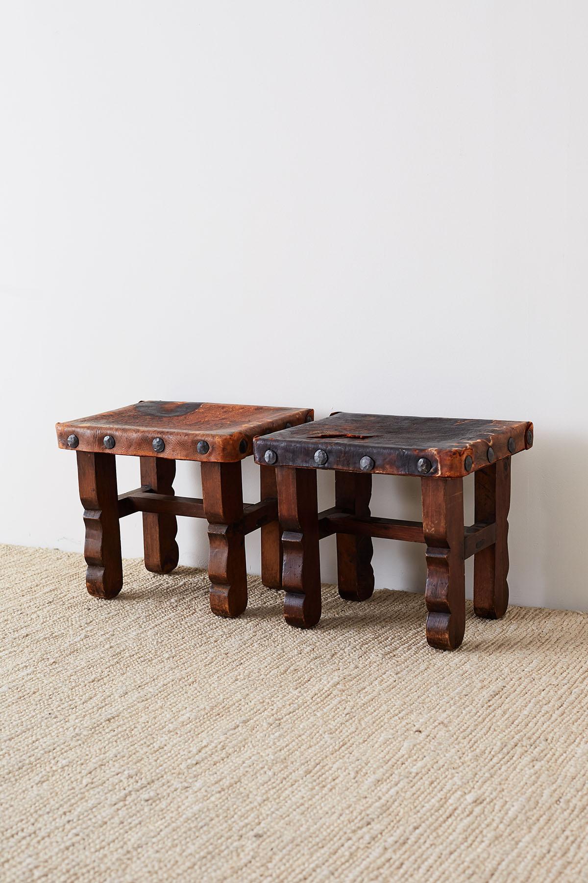 Pair of Spanish Colonial Walnut Stools with Leather Seats 10