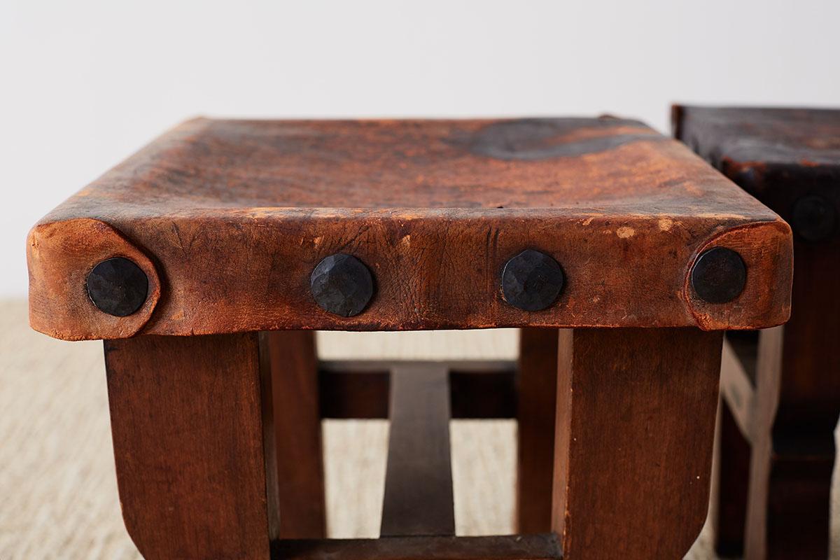 Pair of Spanish Colonial Walnut Stools with Leather Seats 12