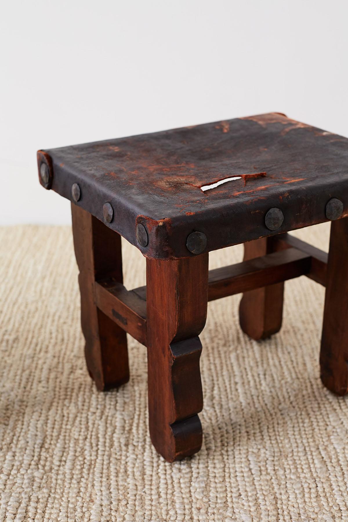 Hand-Crafted Pair of Spanish Colonial Walnut Stools with Leather Seats