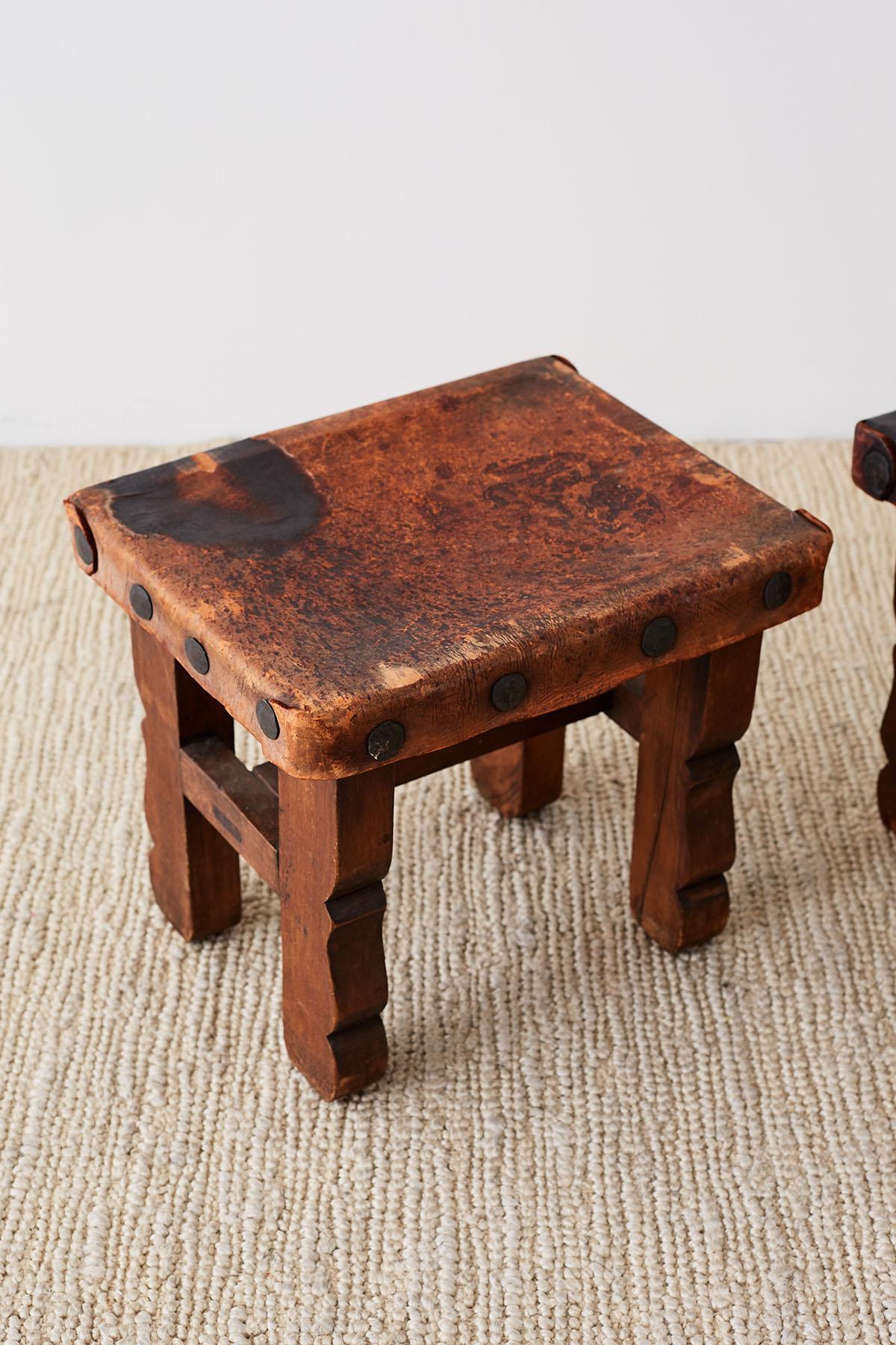 Pair of Spanish Colonial Walnut Stools with Leather Seats In Distressed Condition In Rio Vista, CA