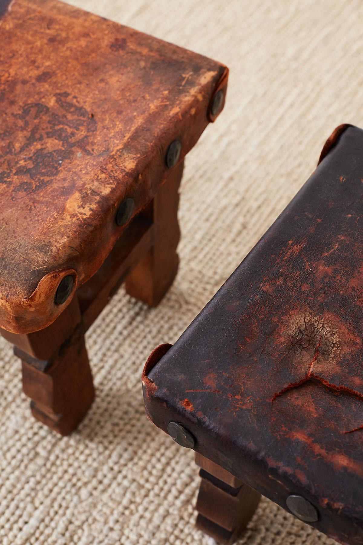 19th Century Pair of Spanish Colonial Walnut Stools with Leather Seats