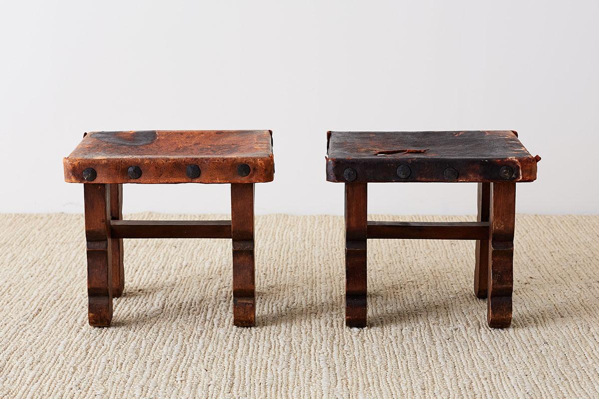 Pair of Spanish Colonial Walnut Stools with Leather Seats 1