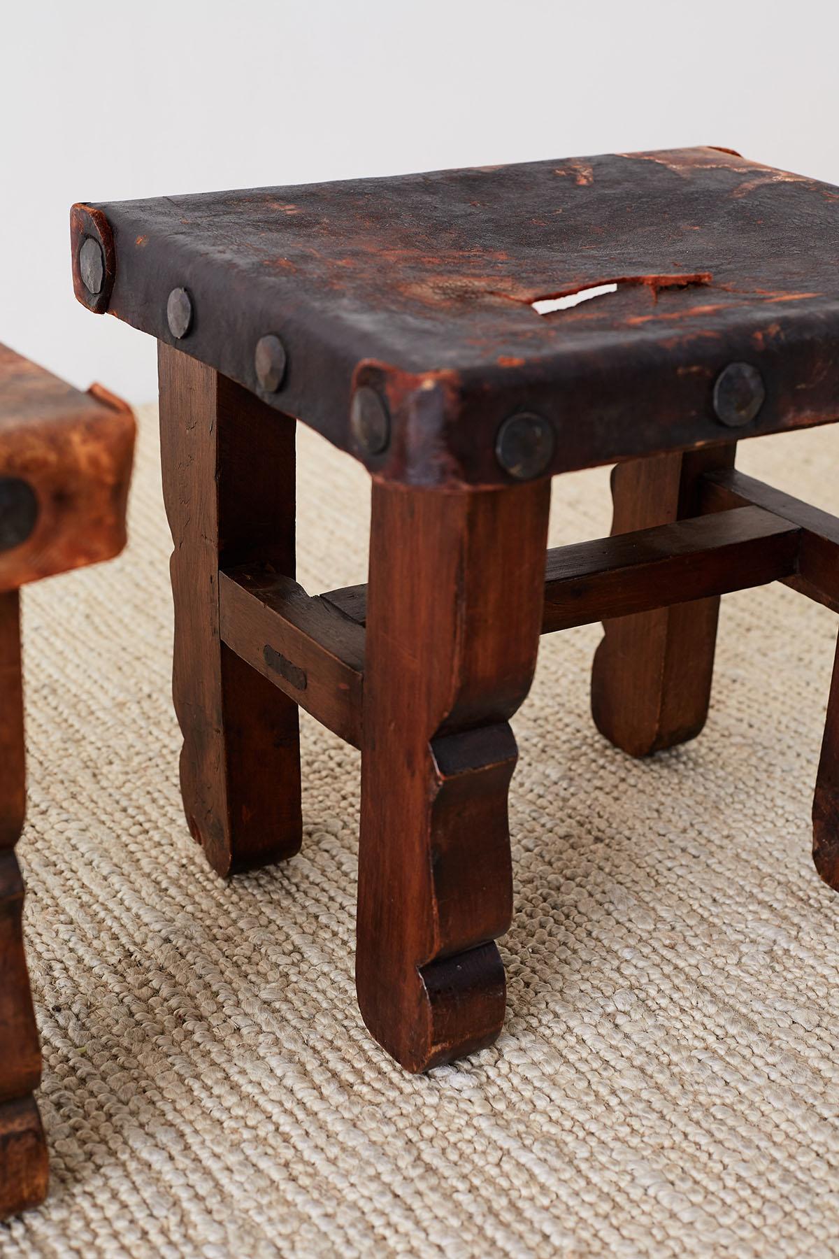 Pair of Spanish Colonial Walnut Stools with Leather Seats 3