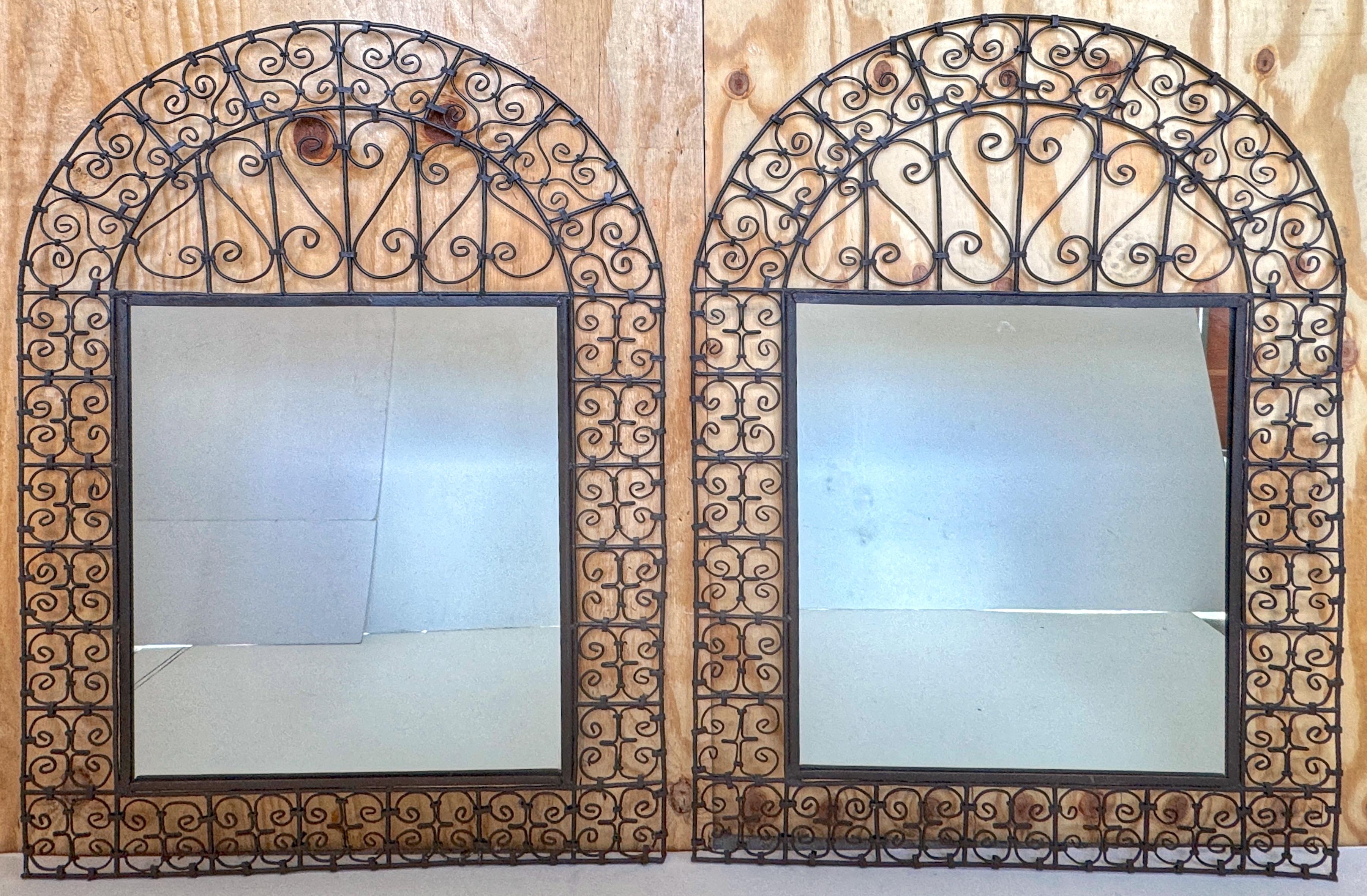 Forged Pair of Spanish Colonial Wrought Iron Trellis Motif Mirrors For Sale