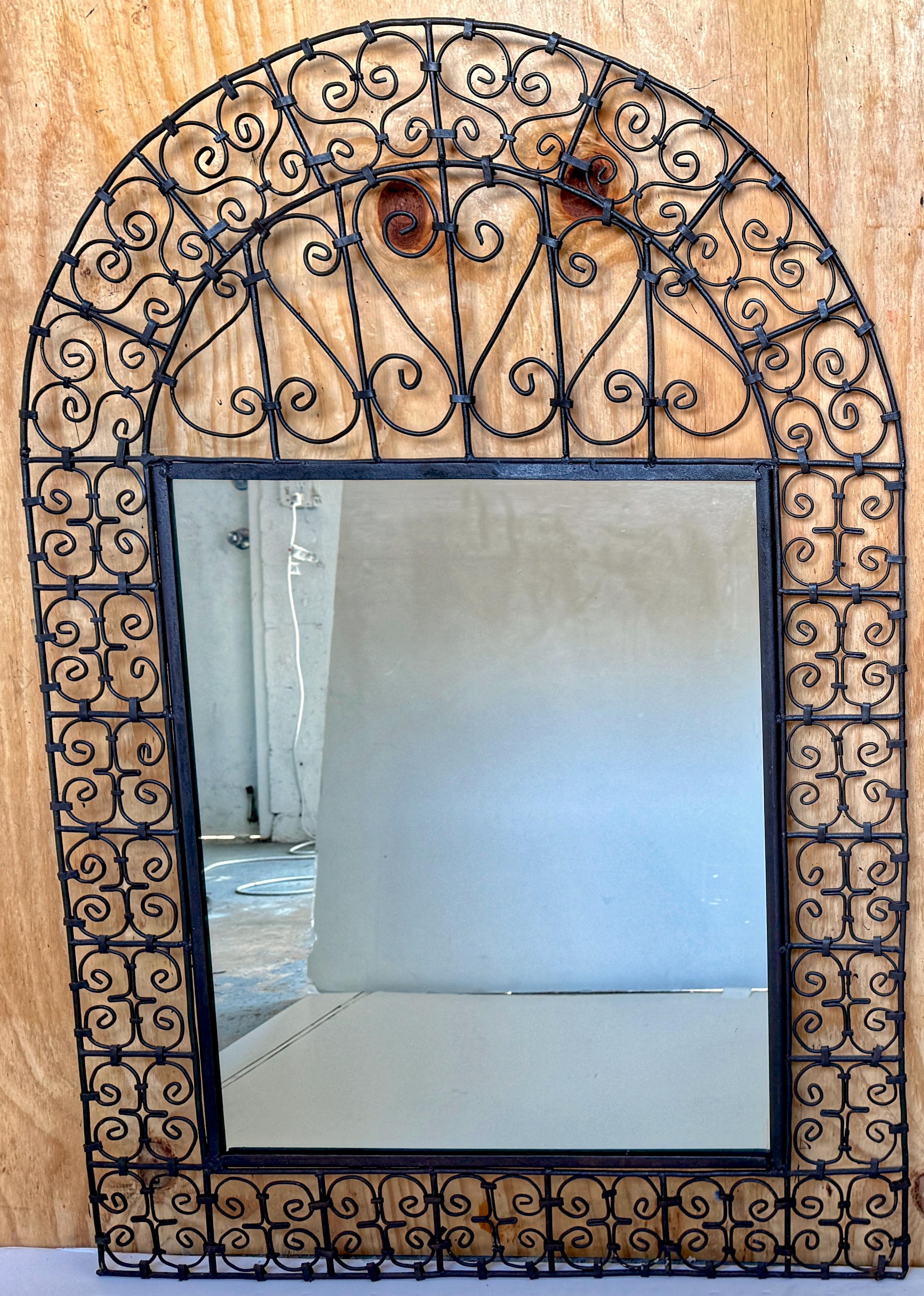 Pair of Spanish Colonial Wrought Iron Trellis Motif Mirrors In Good Condition For Sale In West Palm Beach, FL