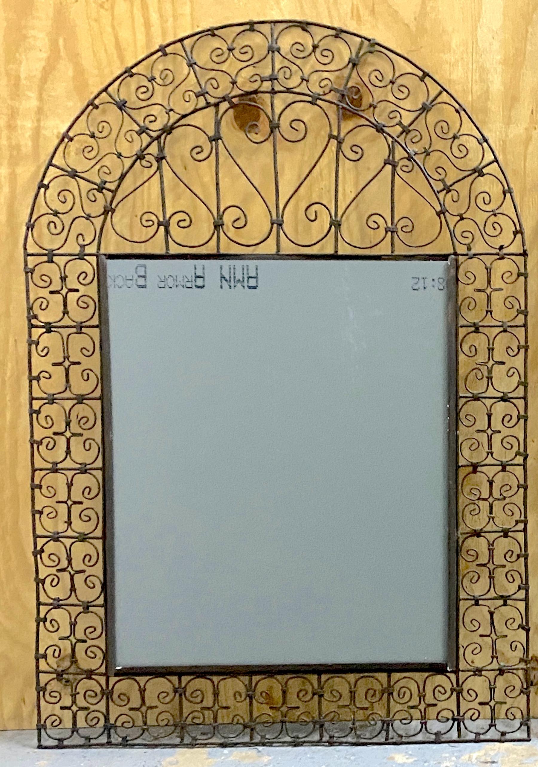 20th Century Pair of Spanish Colonial Wrought Iron Trellis Motif Mirrors For Sale