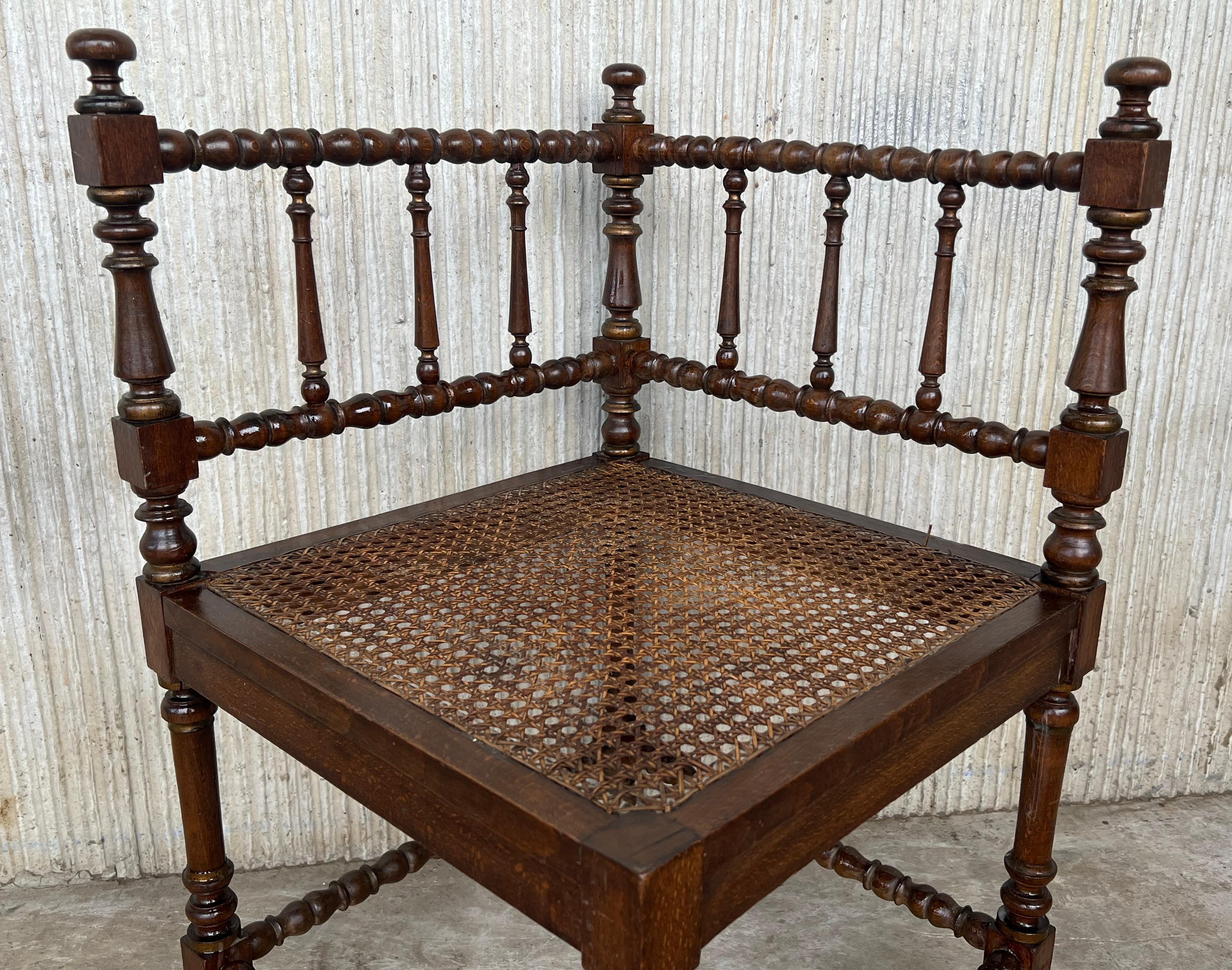 Pair of Spanish Corner Turned Armchairs Shaping a Bench with Cane Seat 5