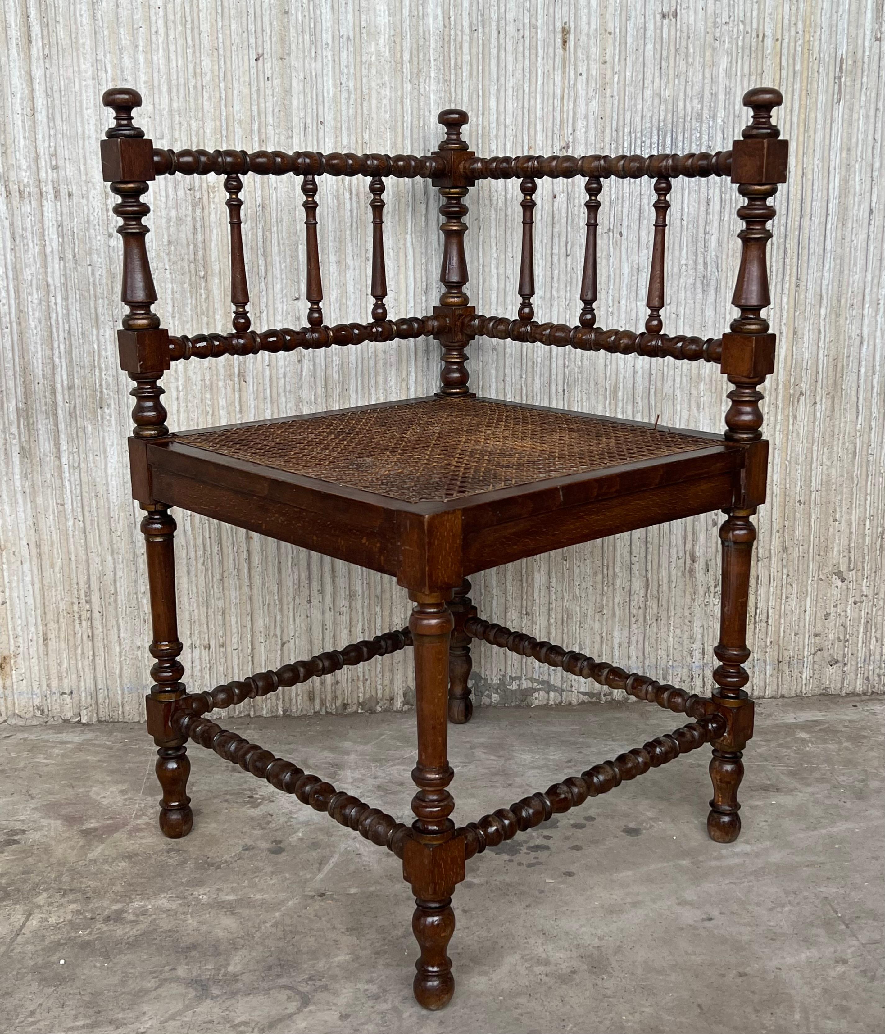 Pair of Spanish Corner Turned Armchairs Shaping a Bench with Cane Seat 1