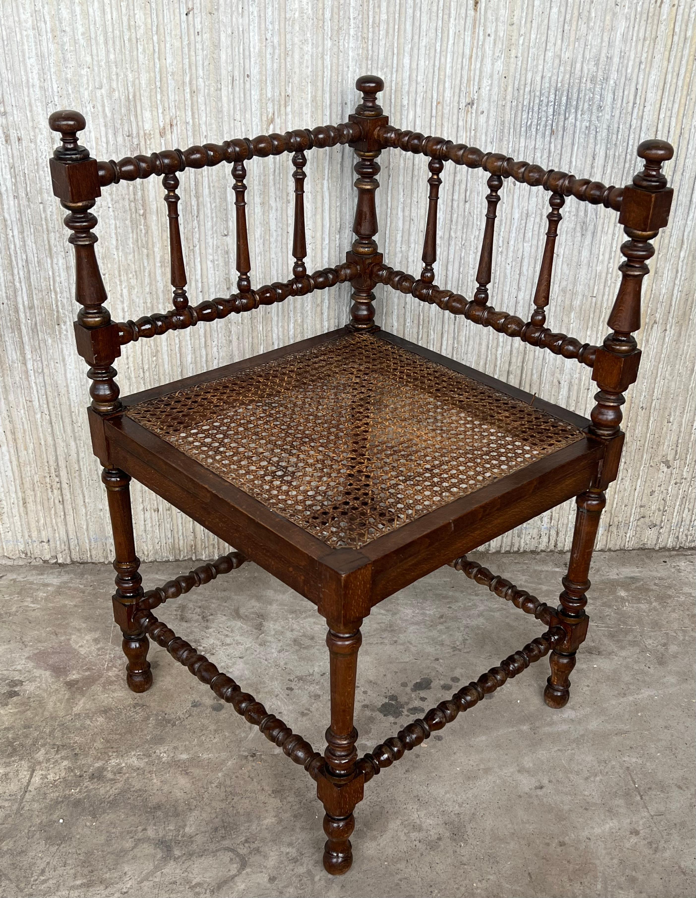 Pair of Spanish Corner Turned Armchairs Shaping a Bench with Cane Seat 2